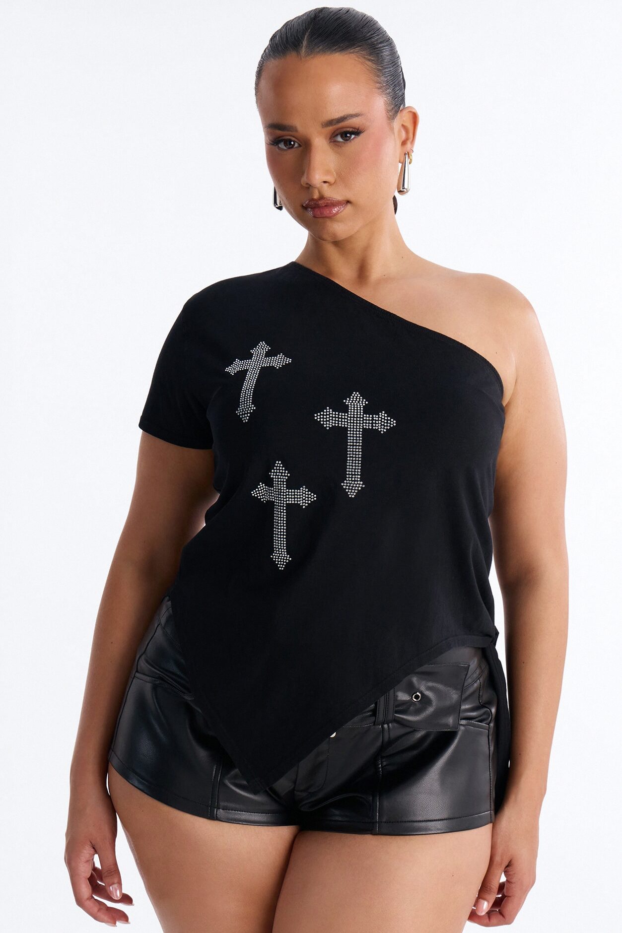 Saint & Shine Rhinestone One Shoulder Top - Charcoal