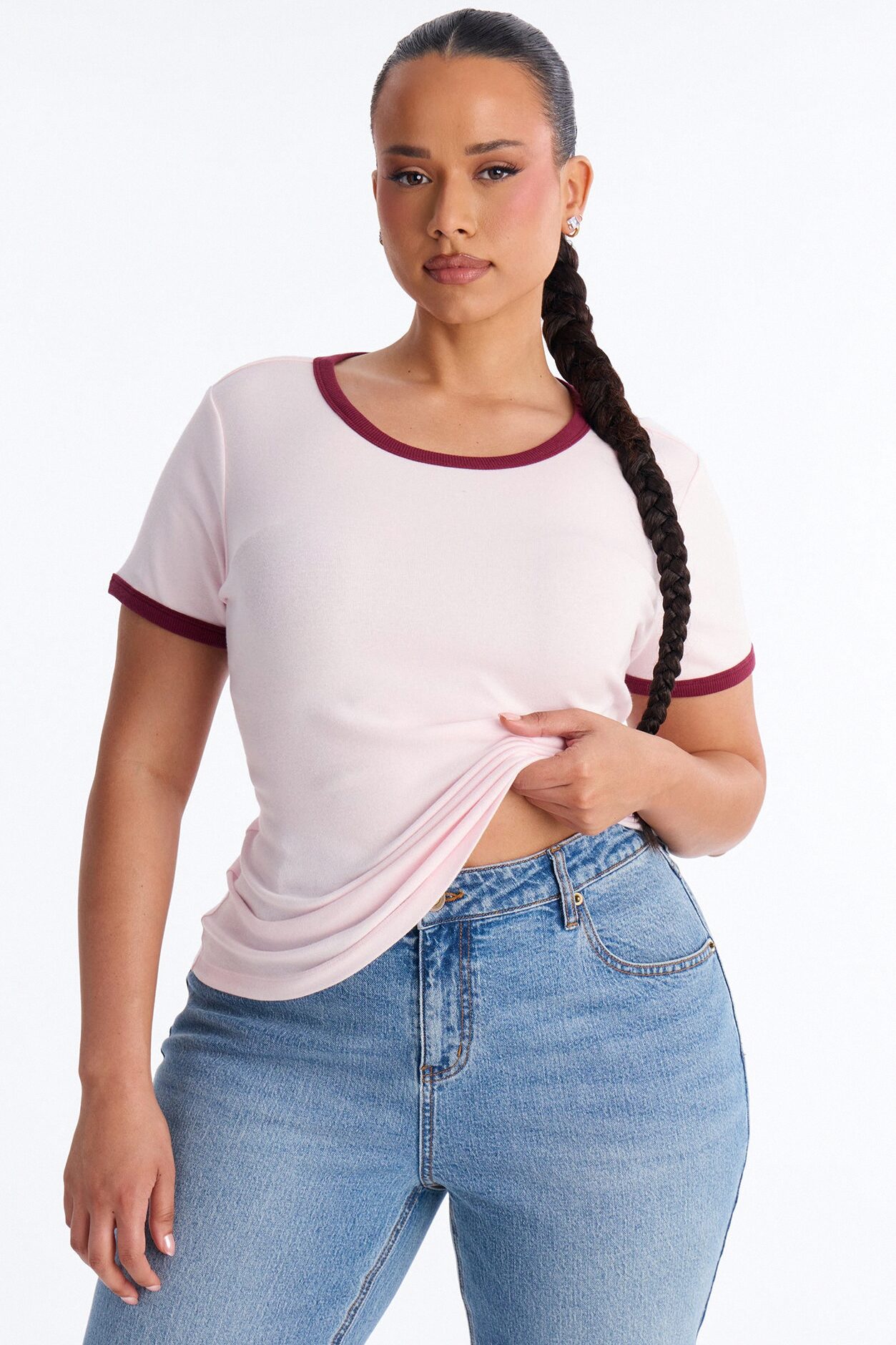 Marissa Crew Neck Contrast Short Sleeve Top - Pink/combo