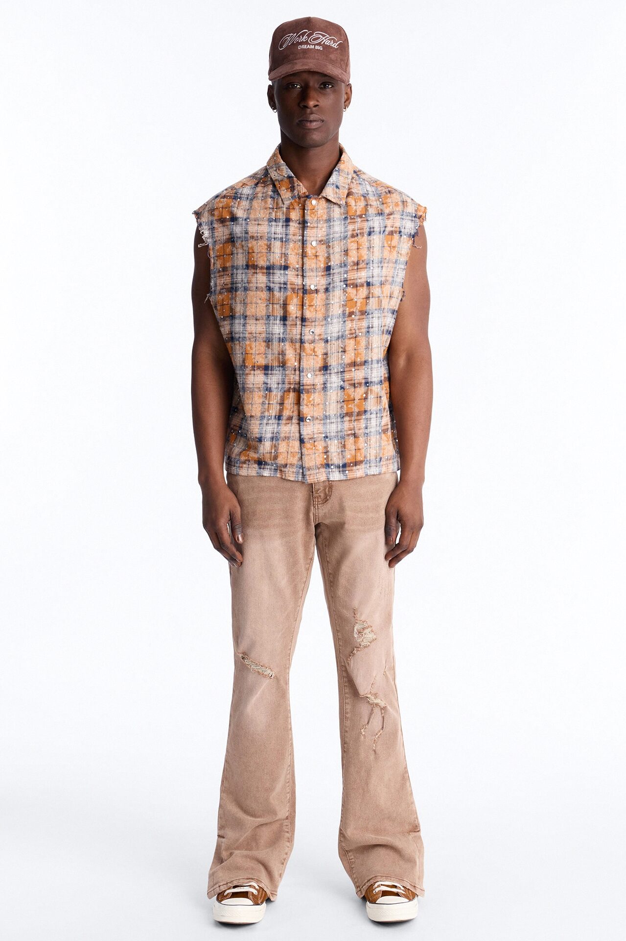 Rhinestone Rain Sleeveless Plaid Flannel - Gold
