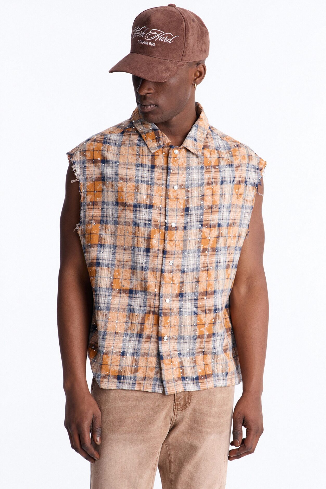 Rhinestone Rain Sleeveless Plaid Flannel - Gold