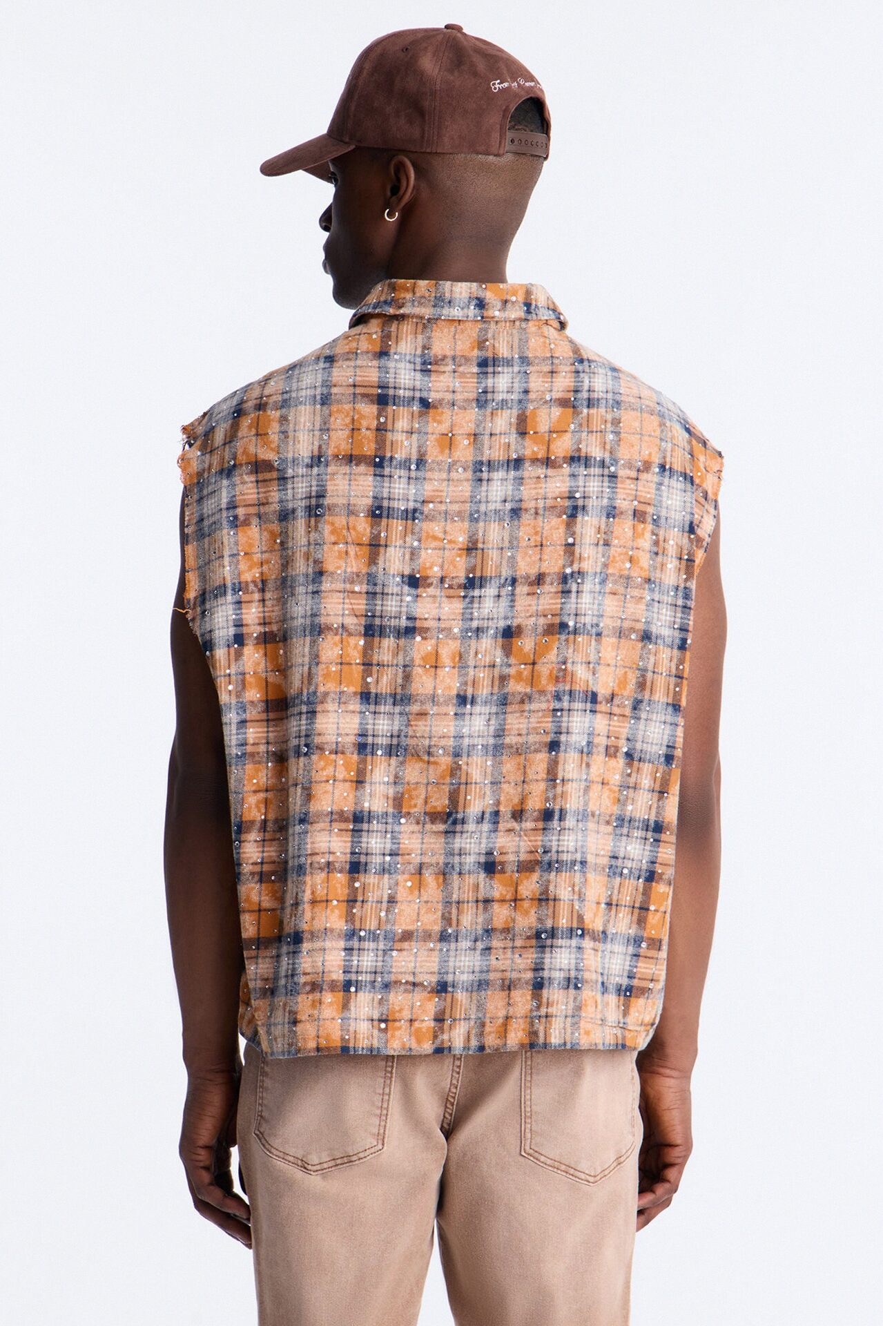 Rhinestone Rain Sleeveless Plaid Flannel - Gold