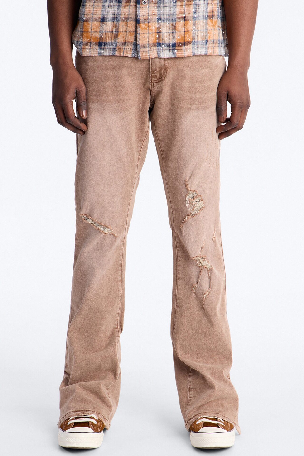 Stacked Skinny Flare Slit Dare Me Distressed Jean - Dark Brown