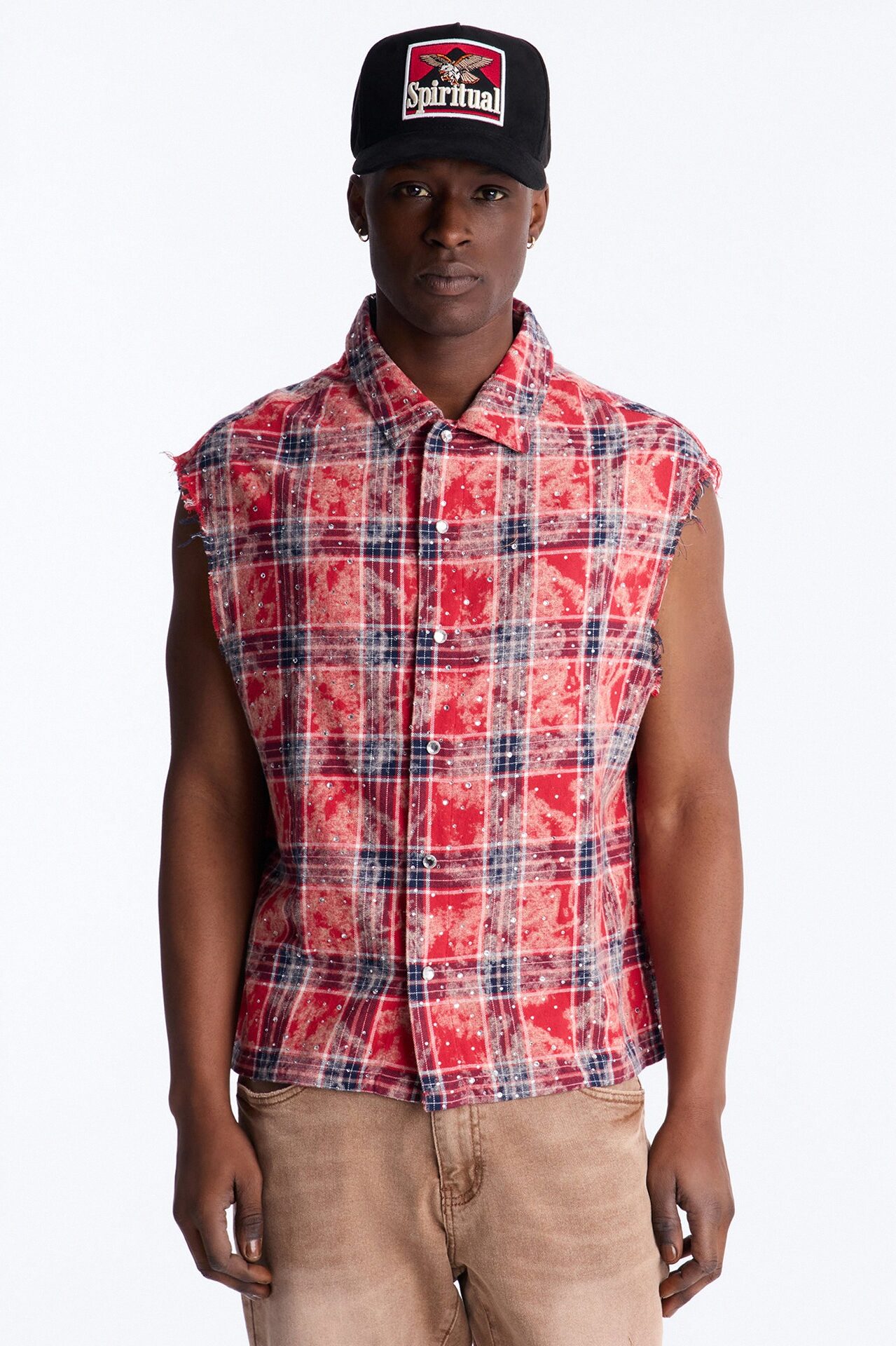 Rhinestone Rain Sleeveless Plaid Flannel - Red