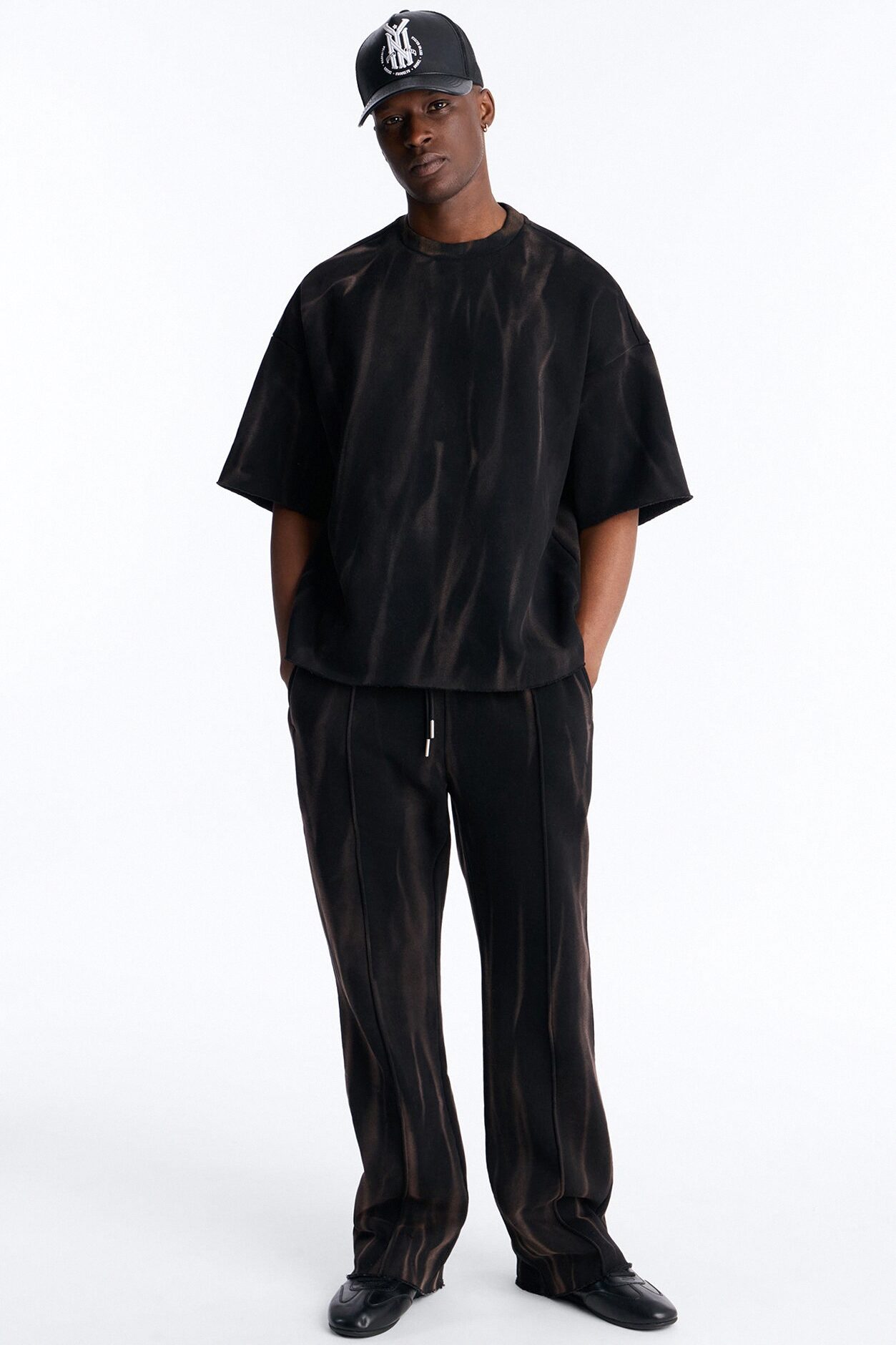 Oversized Bleach Washed Short Sleeve Fleece Tee - Black