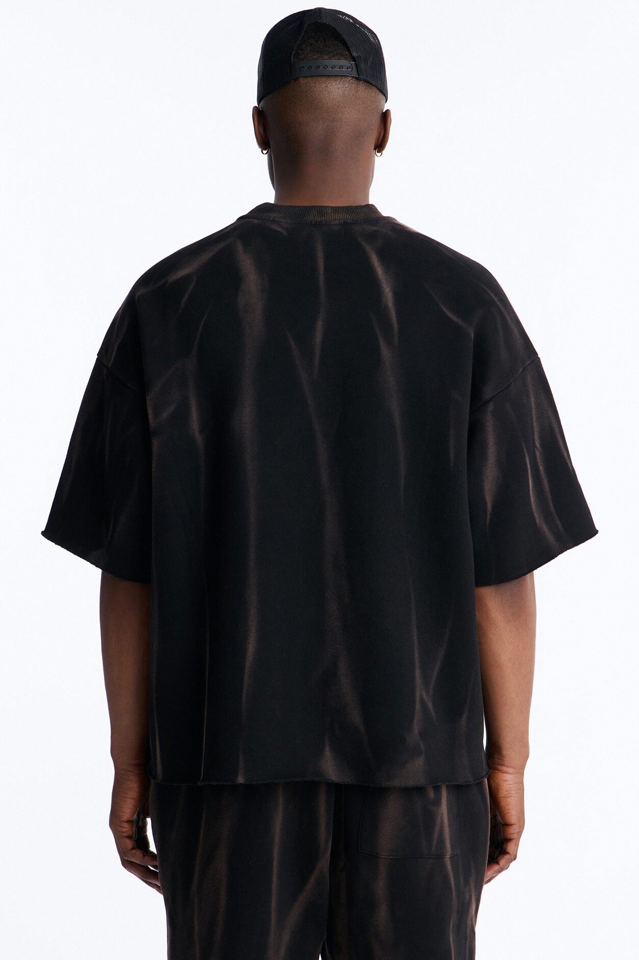Oversized Bleach Washed Short Sleeve Fleece Tee - Black