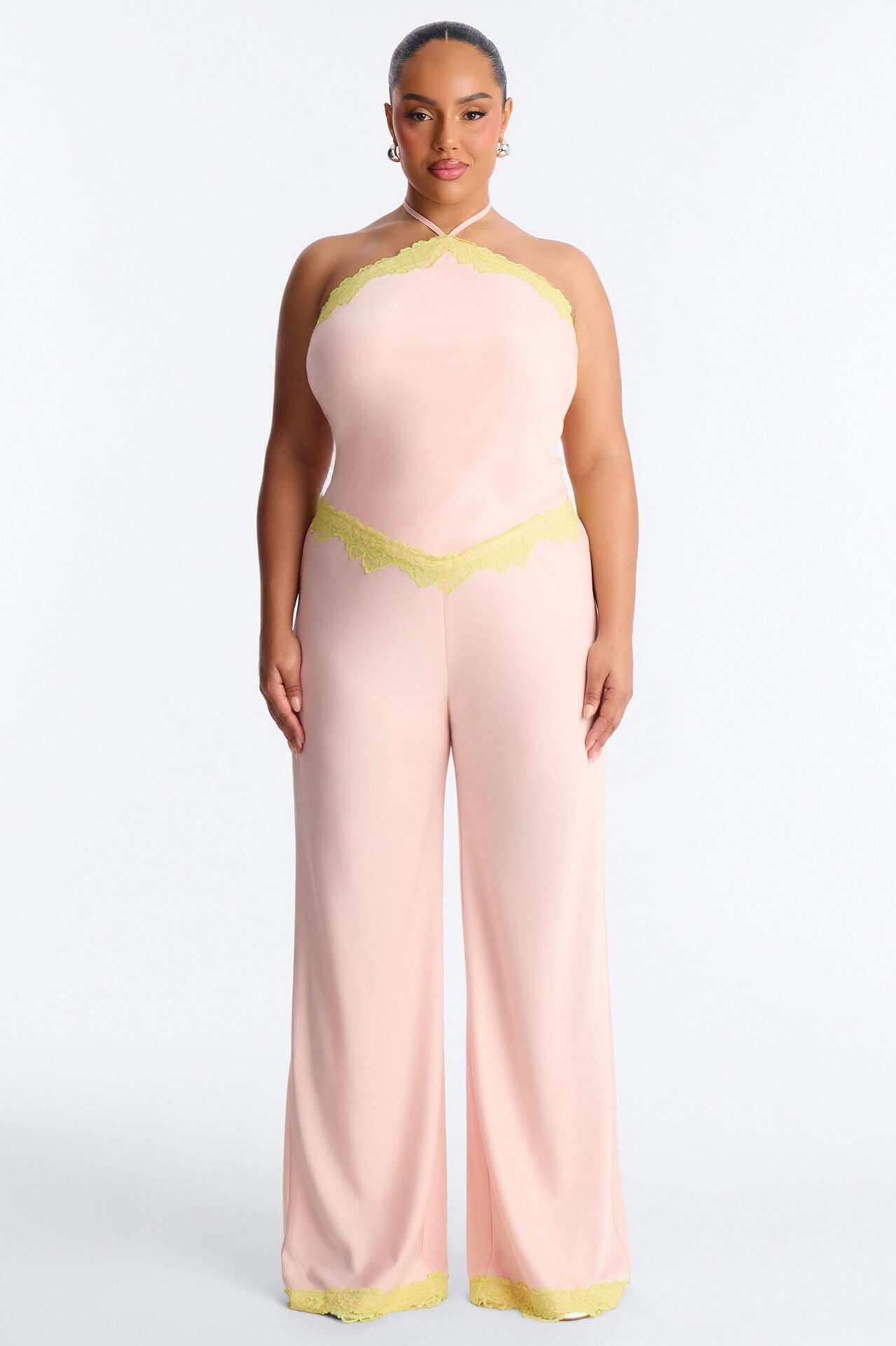 Sweet Satin Lace Trim Jumpsuit - Pink/combo