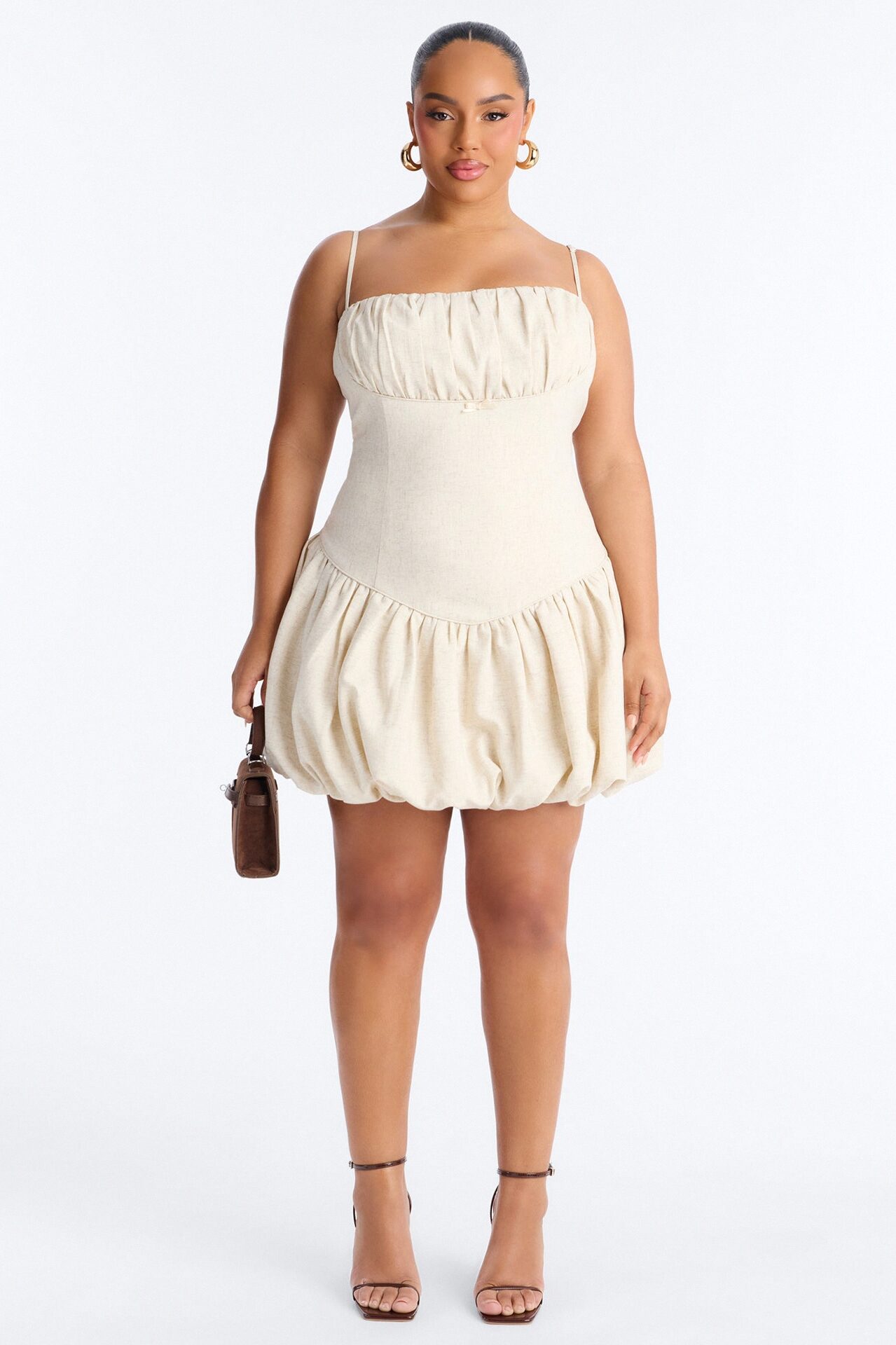 Linen Bloom Bubble Mini Dress - Natural
