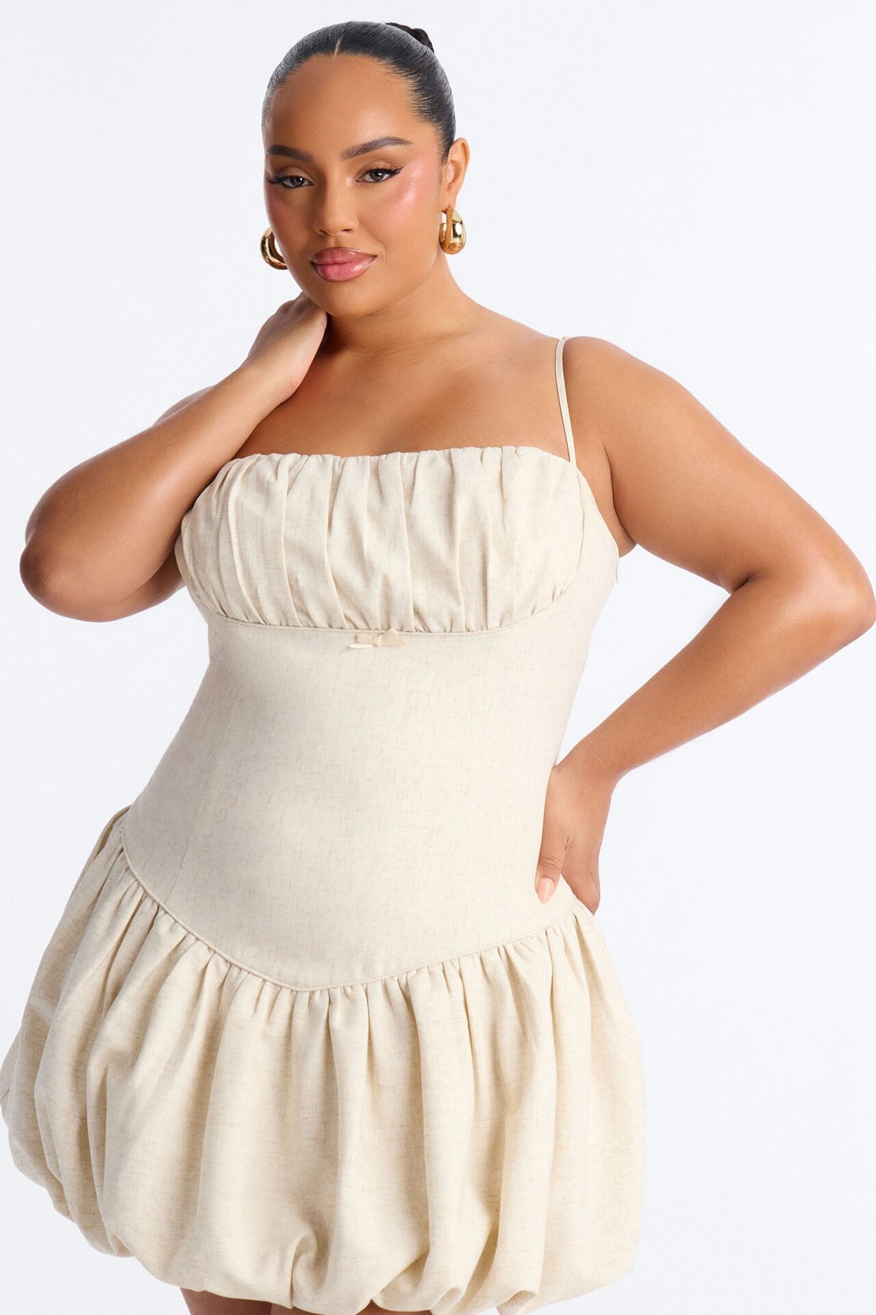Linen Bloom Bubble Mini Dress - Natural