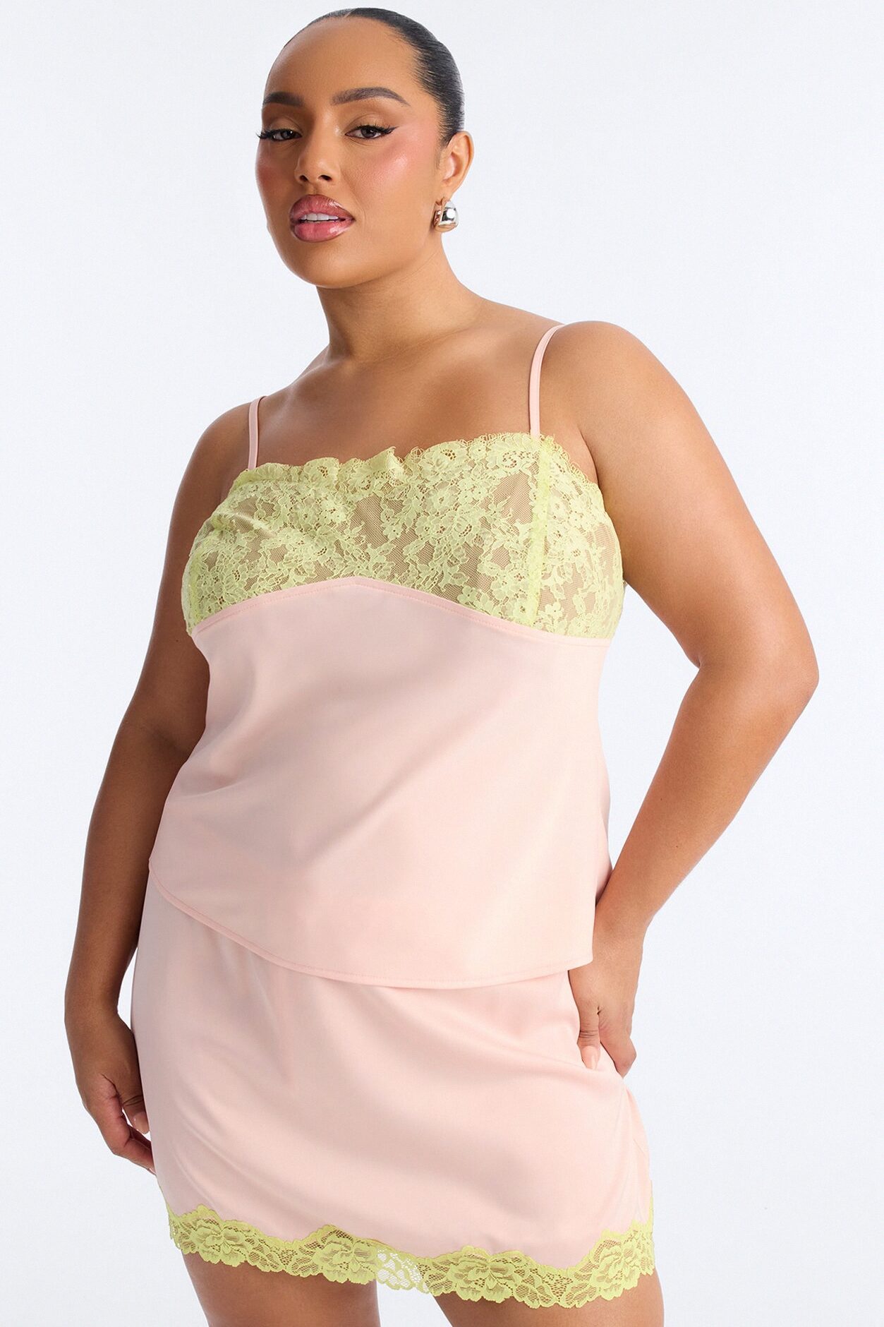 Sweet Satin Lace Trim Cami Top - Pink/combo