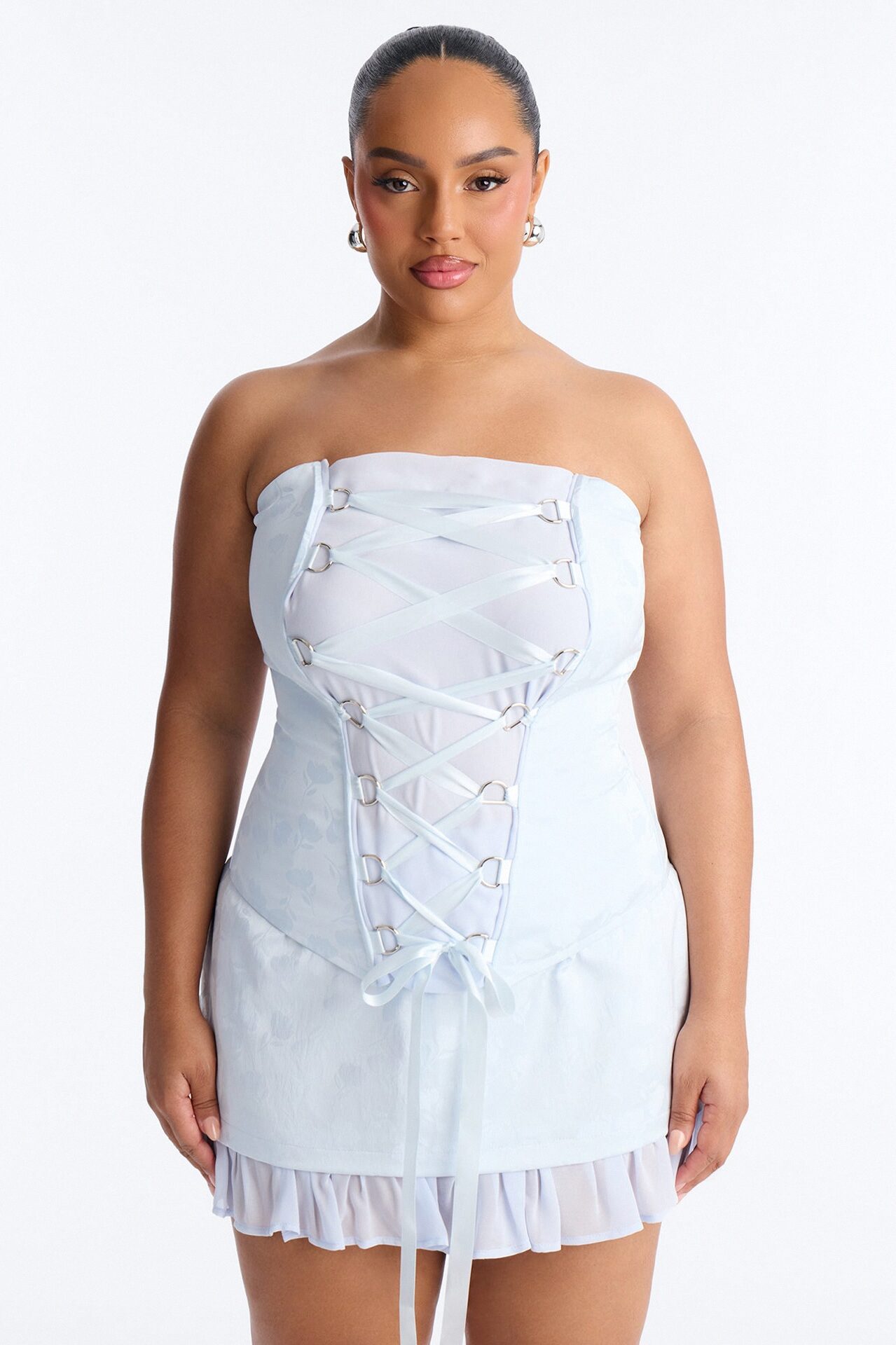 Spring Floral Jacquard Lace Up Corset Top - Light Blue