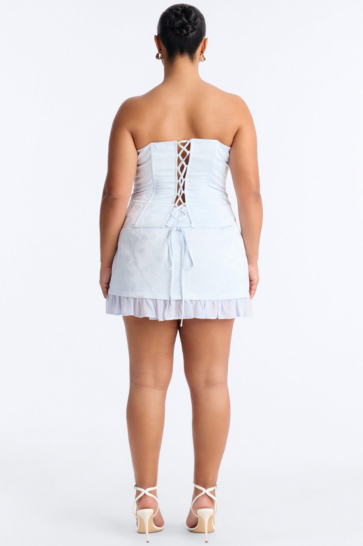 Spring Floral Jacquard Lace Up Corset Top - Light Blue