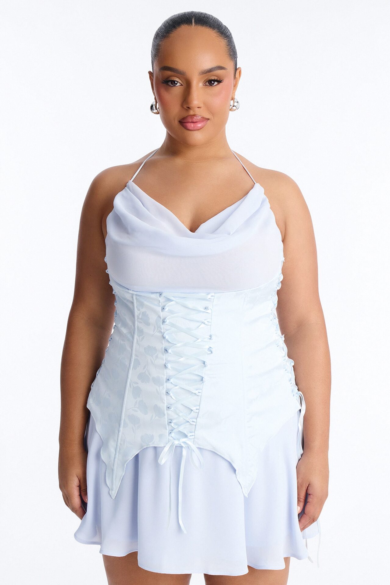 Spring Floral Jacquard Mini Dress - Light Blue