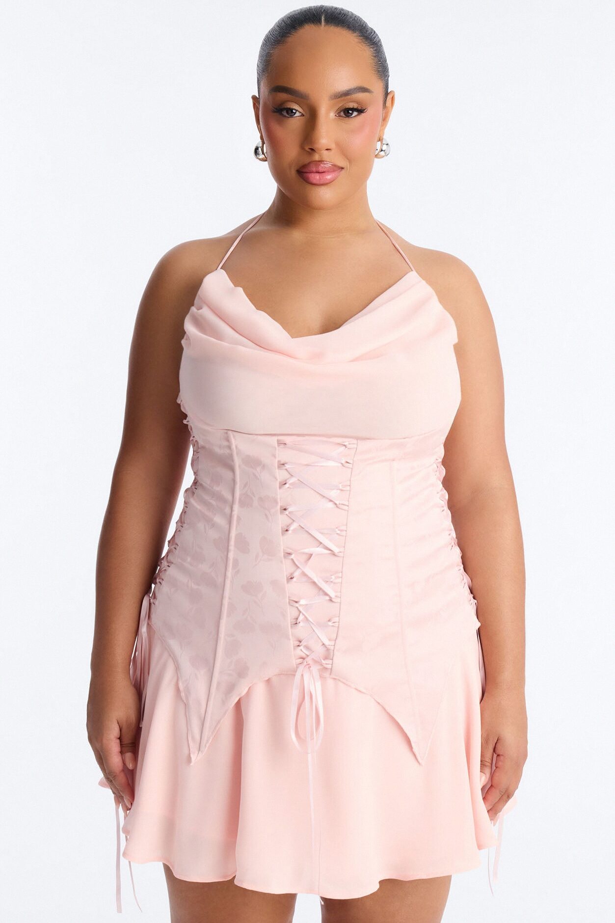 Spring Floral Jacquard Mini Dress - Light Pink