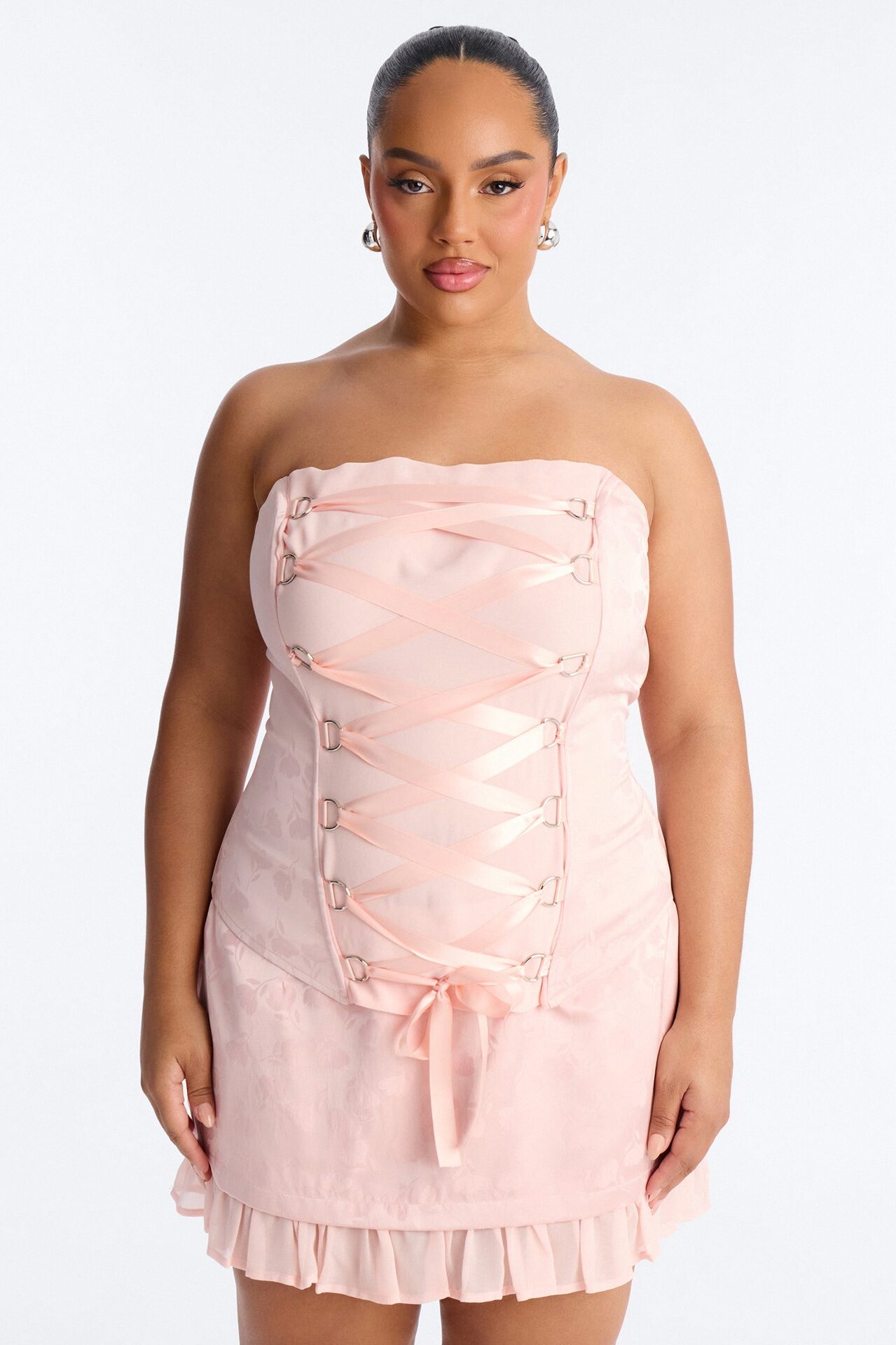 Spring Floral Jacquard Lace Up Corset Top - Light Pink