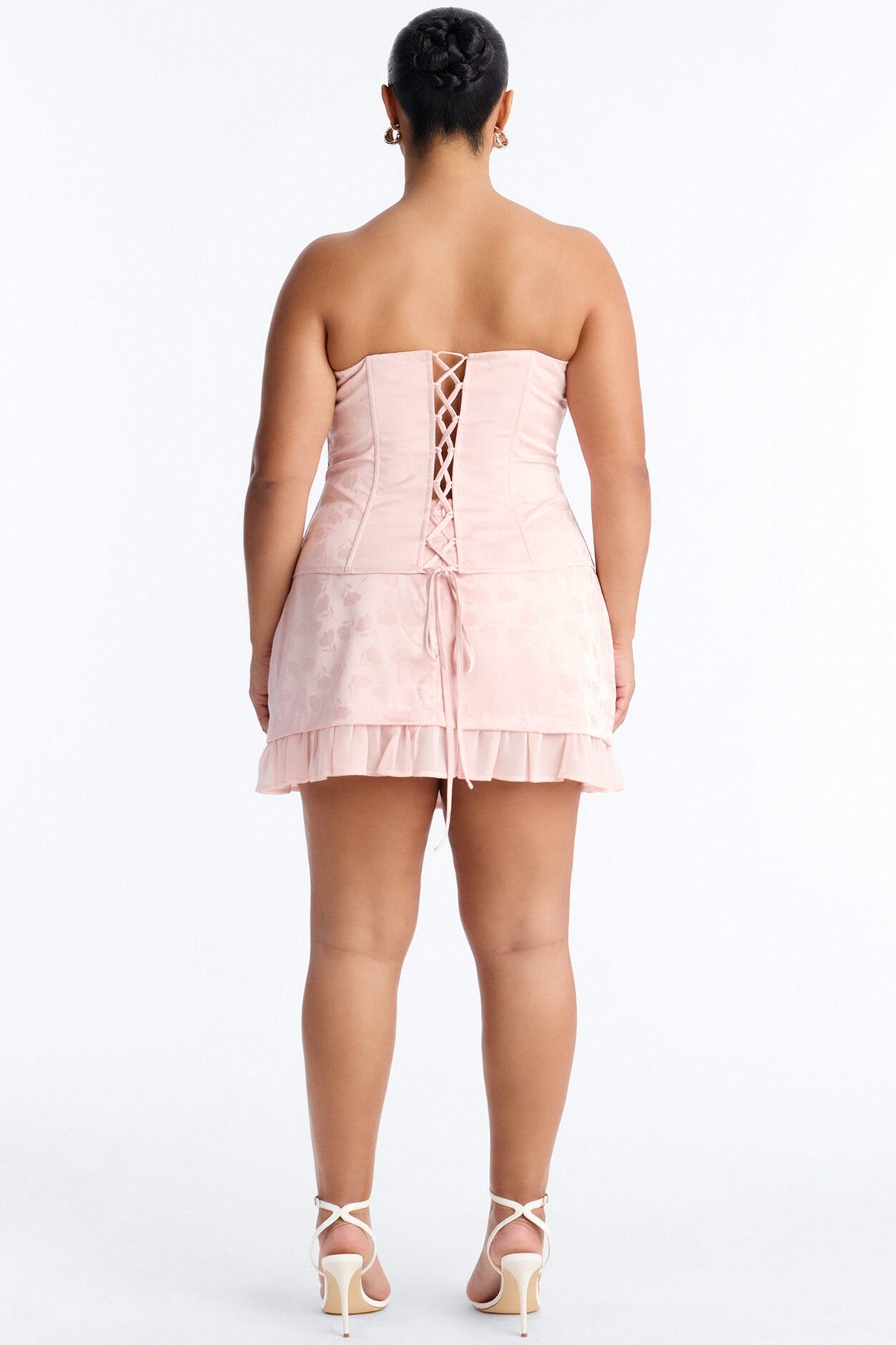 Spring Floral Jacquard Lace Up Corset Top - Light Pink