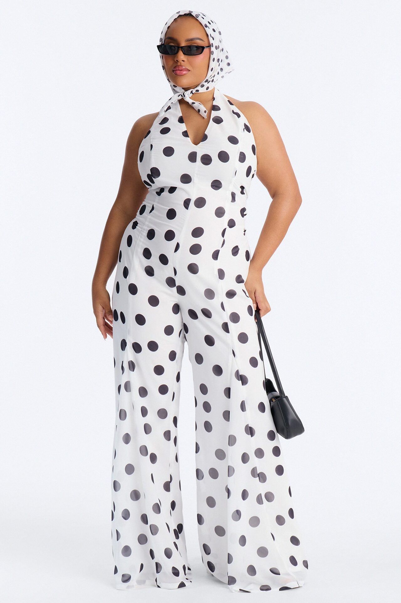 Bella Polka Dot Chiffon Headscarf And Jumpsuit - White/Black