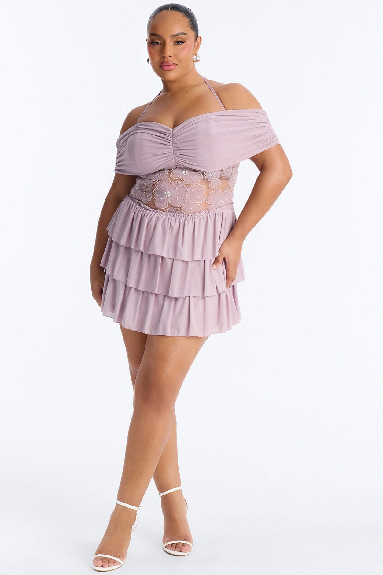 Remi Ruffle Beaded Mesh Mini Dress - Mauve