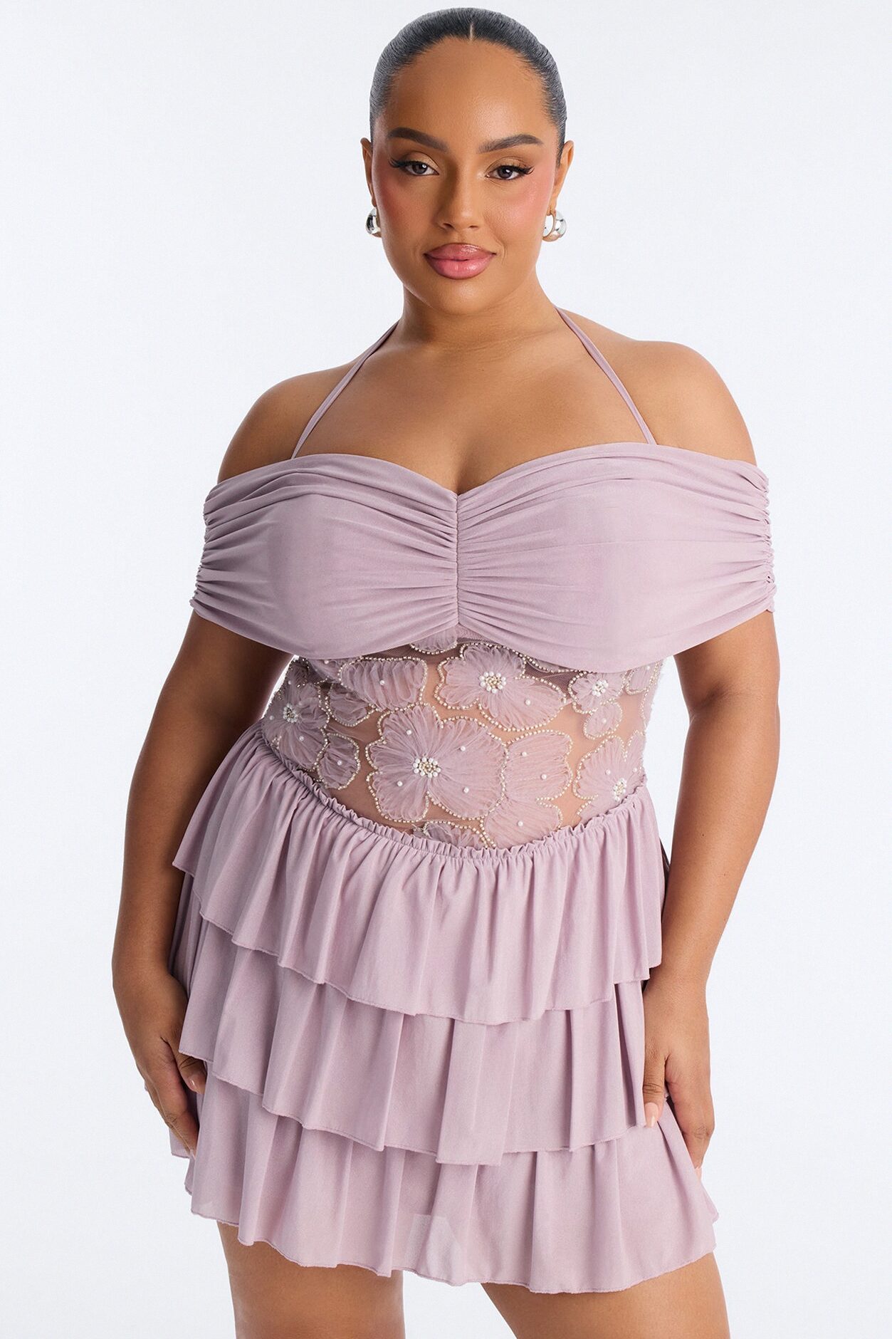 Remi Ruffle Beaded Mesh Mini Dress - Mauve