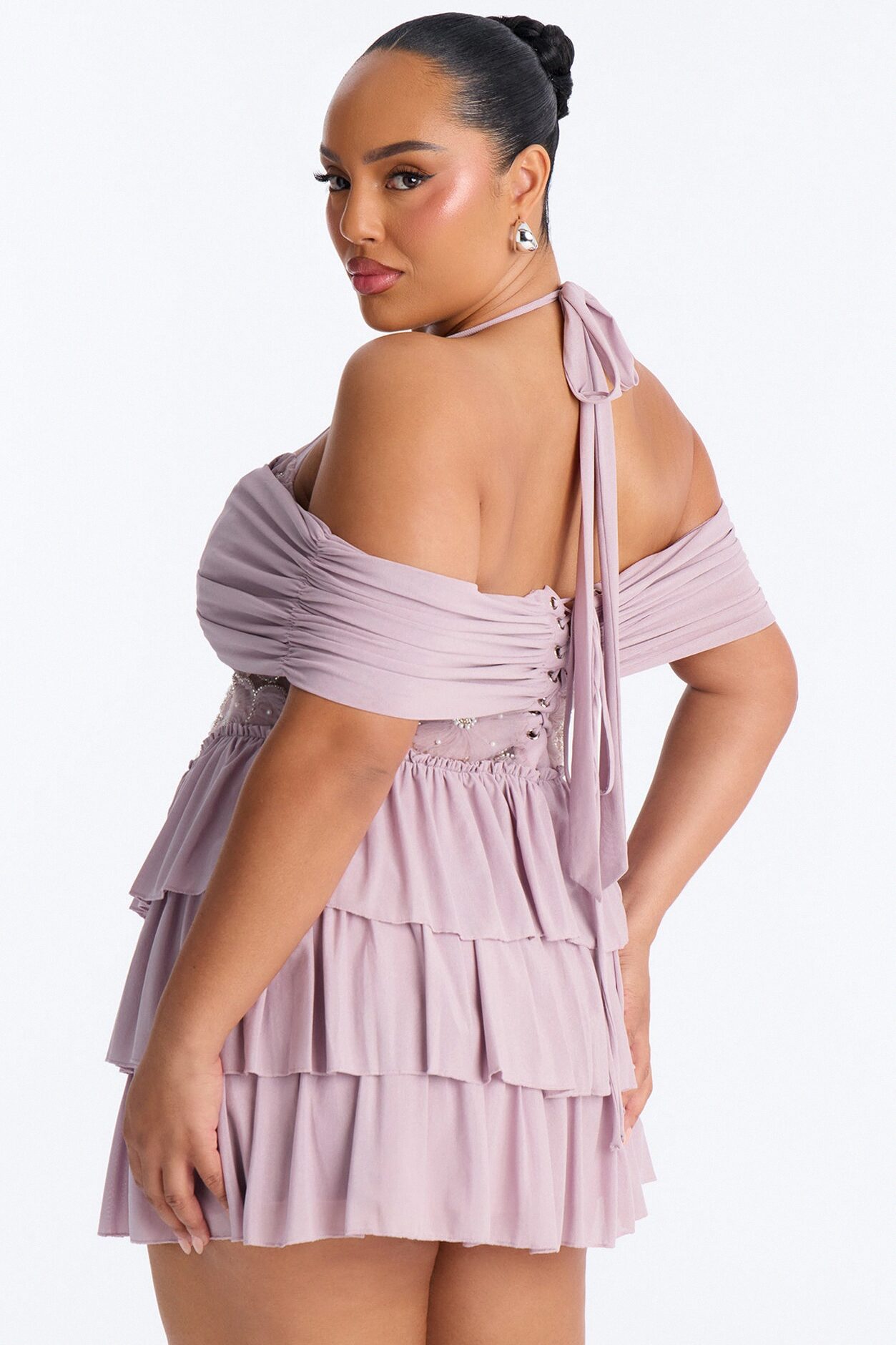 Remi Ruffle Beaded Mesh Mini Dress - Mauve