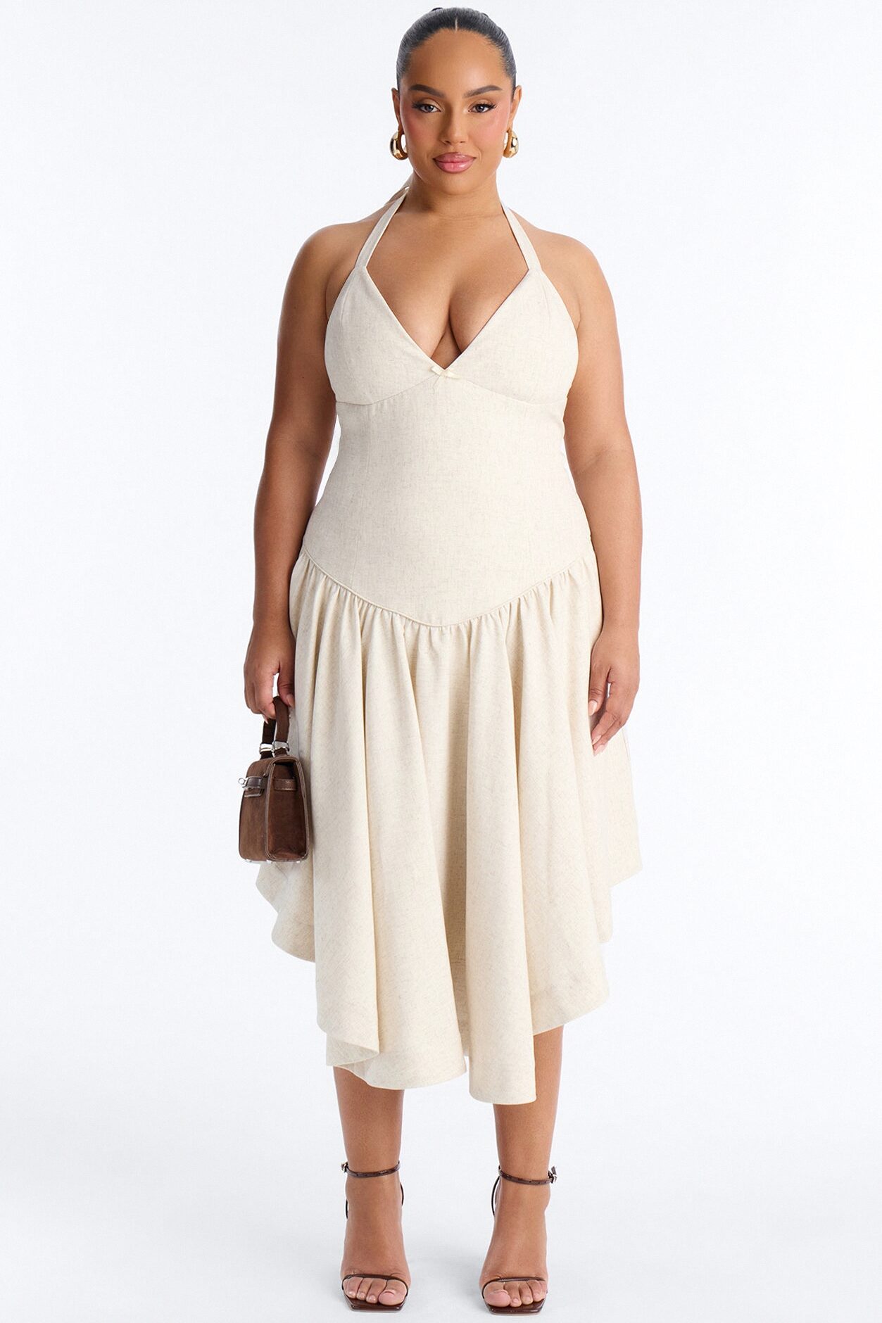 Linen Bloom Halter Midi Dress - Natural