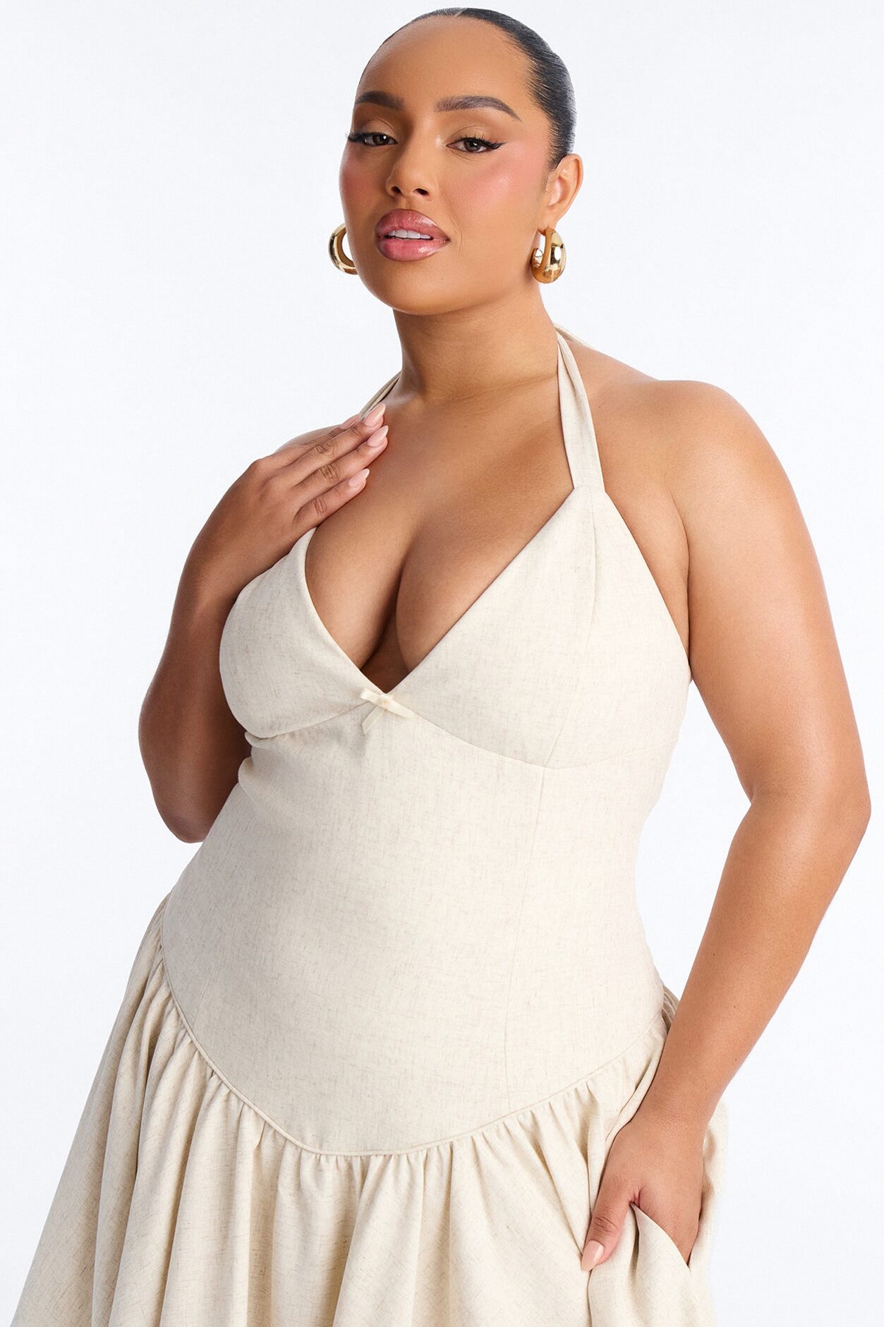 Linen Bloom Halter Midi Dress - Natural