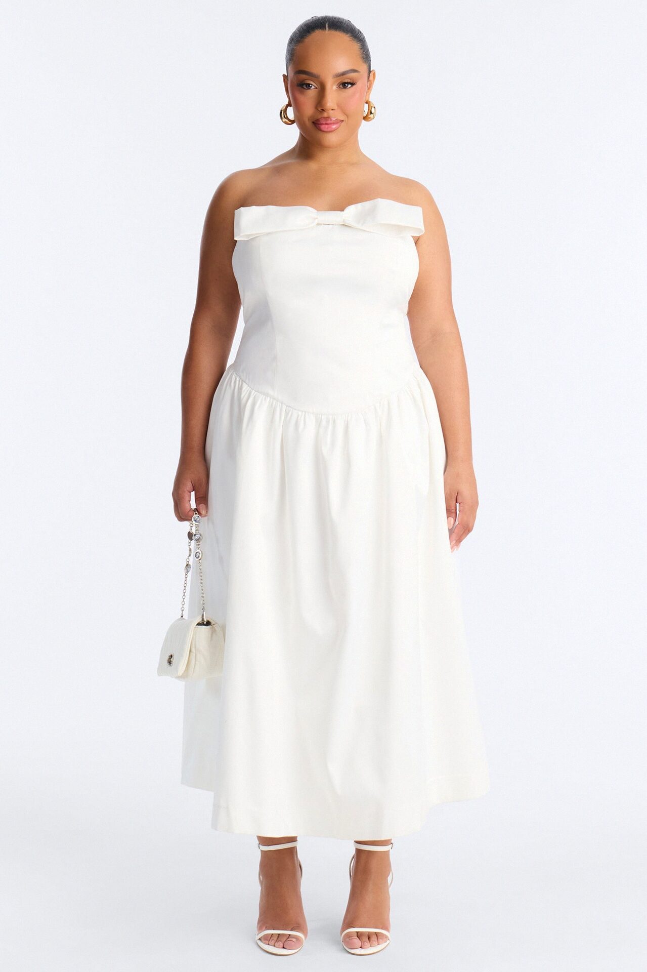 Darling Bow Satin Midi Dress - Off White