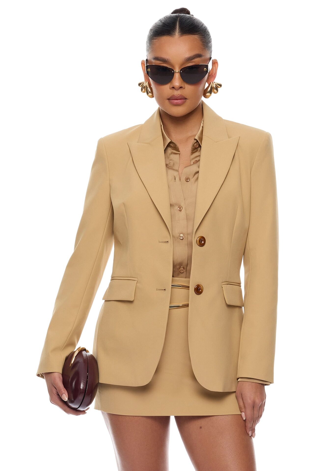 Raelynn 3 Piece Blazer Skirt Set - Camel