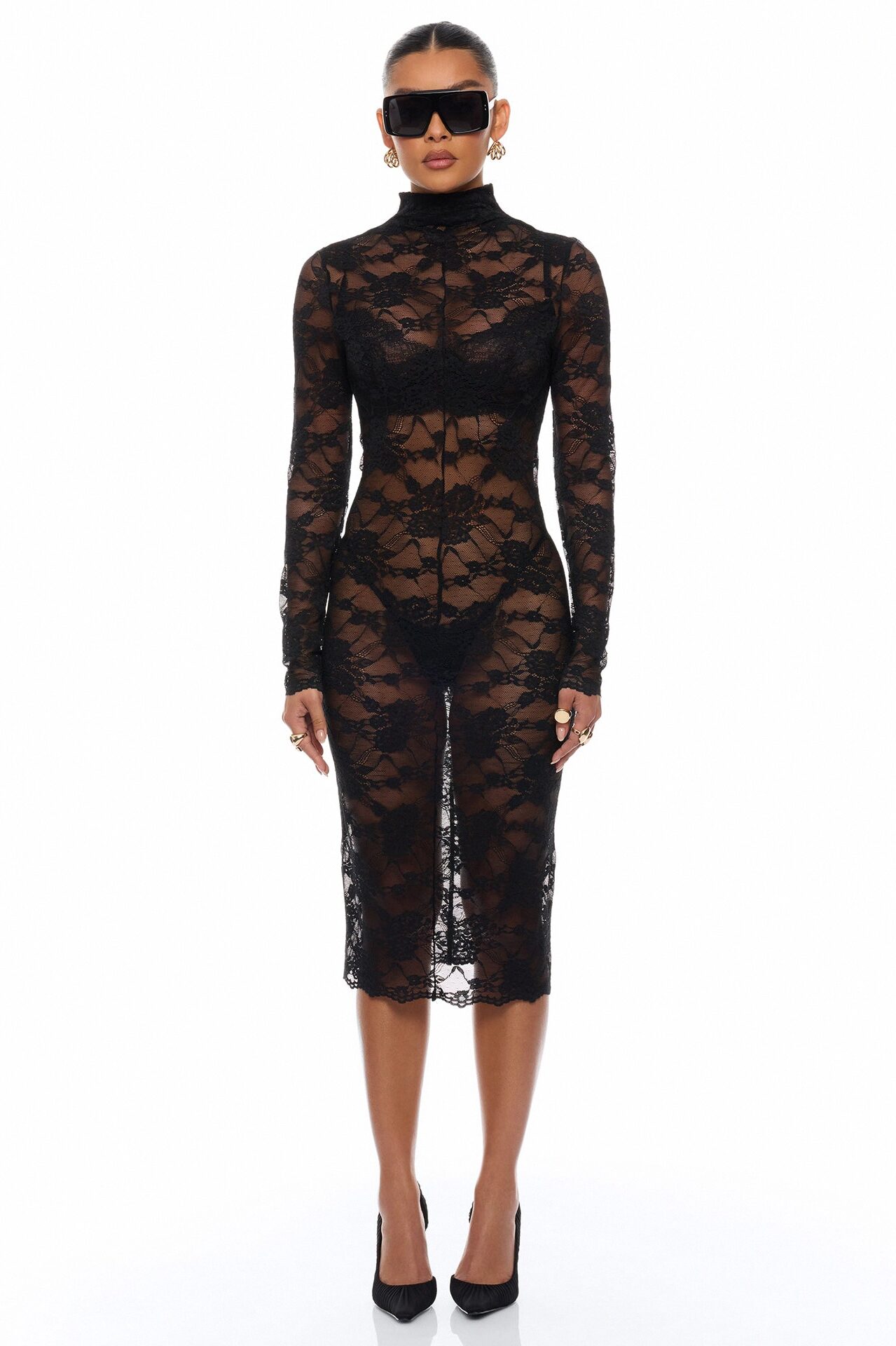 Gabriette Sheer Lace Midi Dress - Black