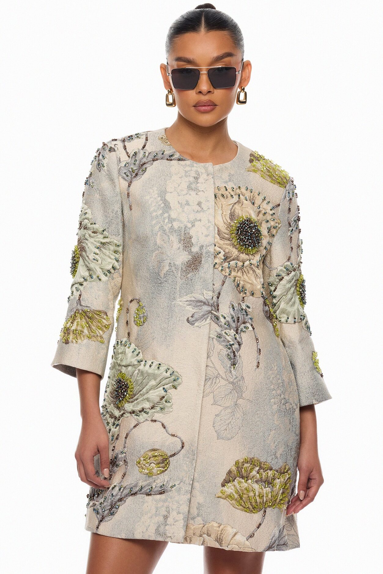 Riannon Crew Neck Embellished Jacquard Jacket - Grey