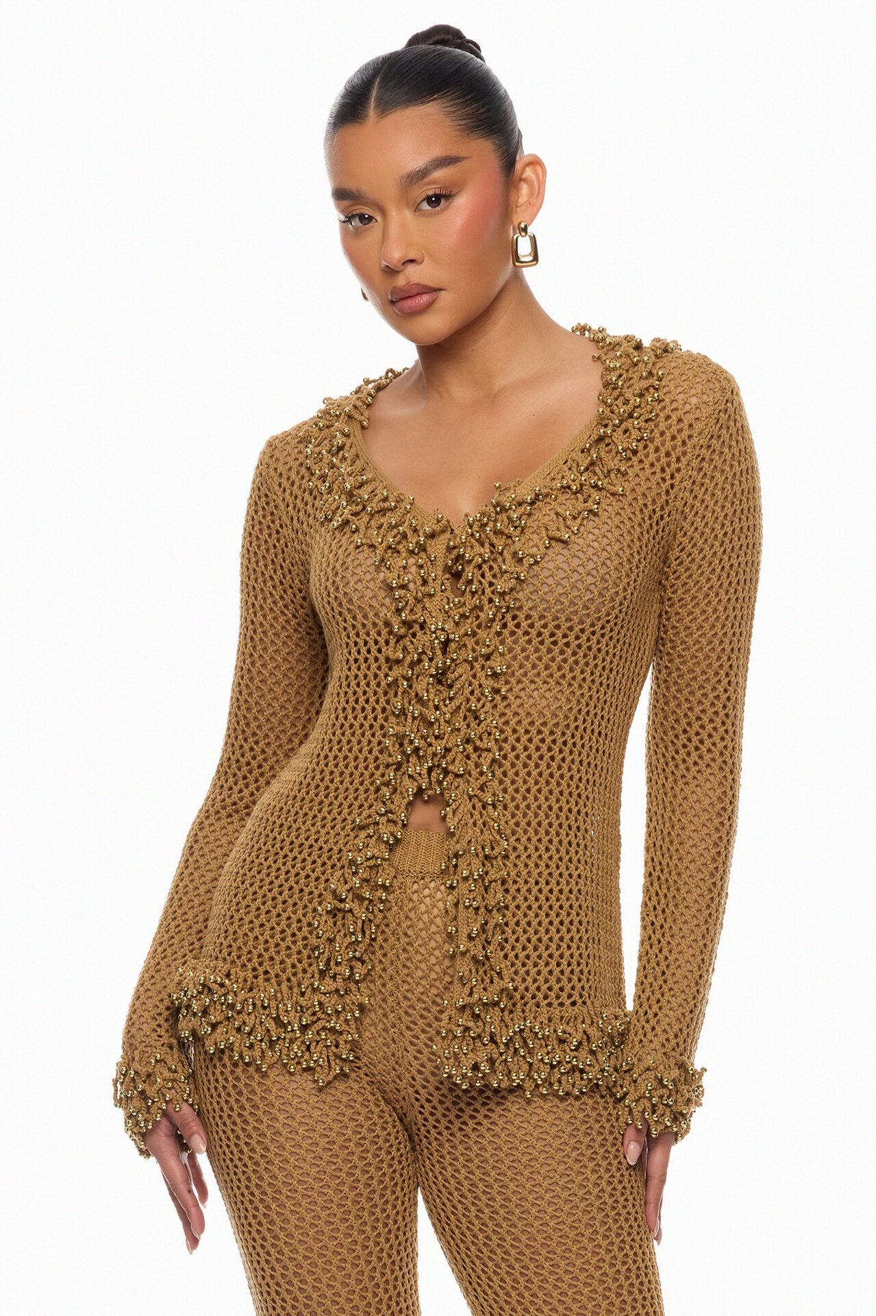 Siesta Crochet Cardigan Pant Set - Brown