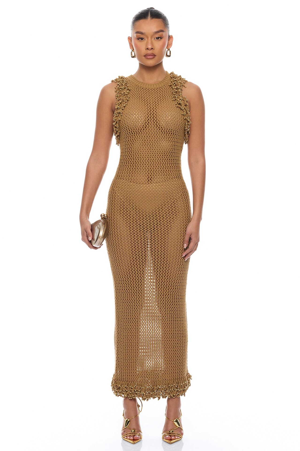 Siesta Fringe Crochet Maxi Dress - Brown