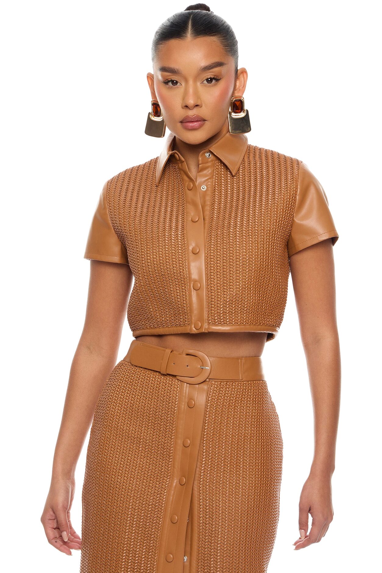 Hailey Faux Leather Collared Top - Cognac