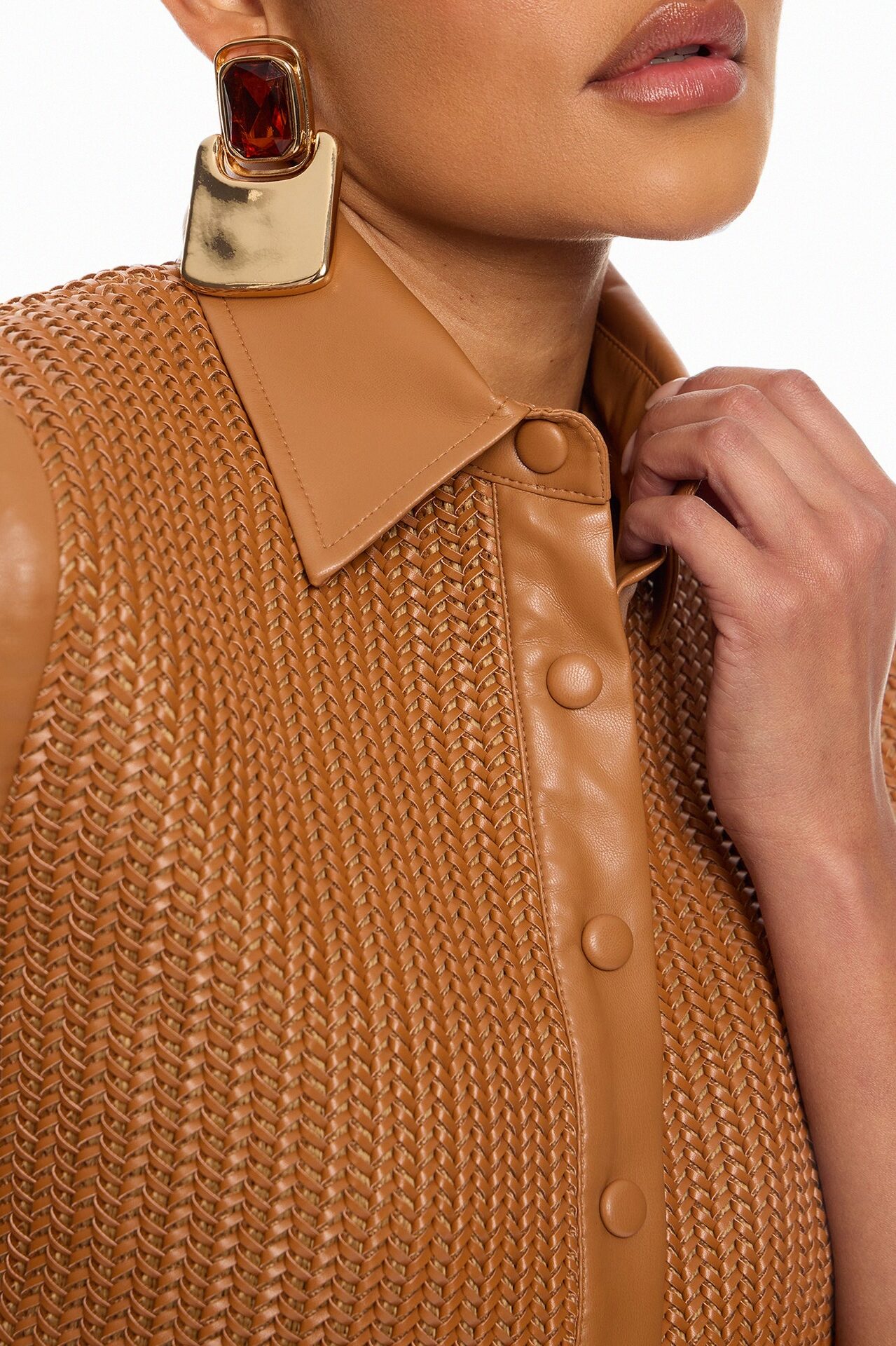 Hailey Faux Leather Collared Top - Cognac