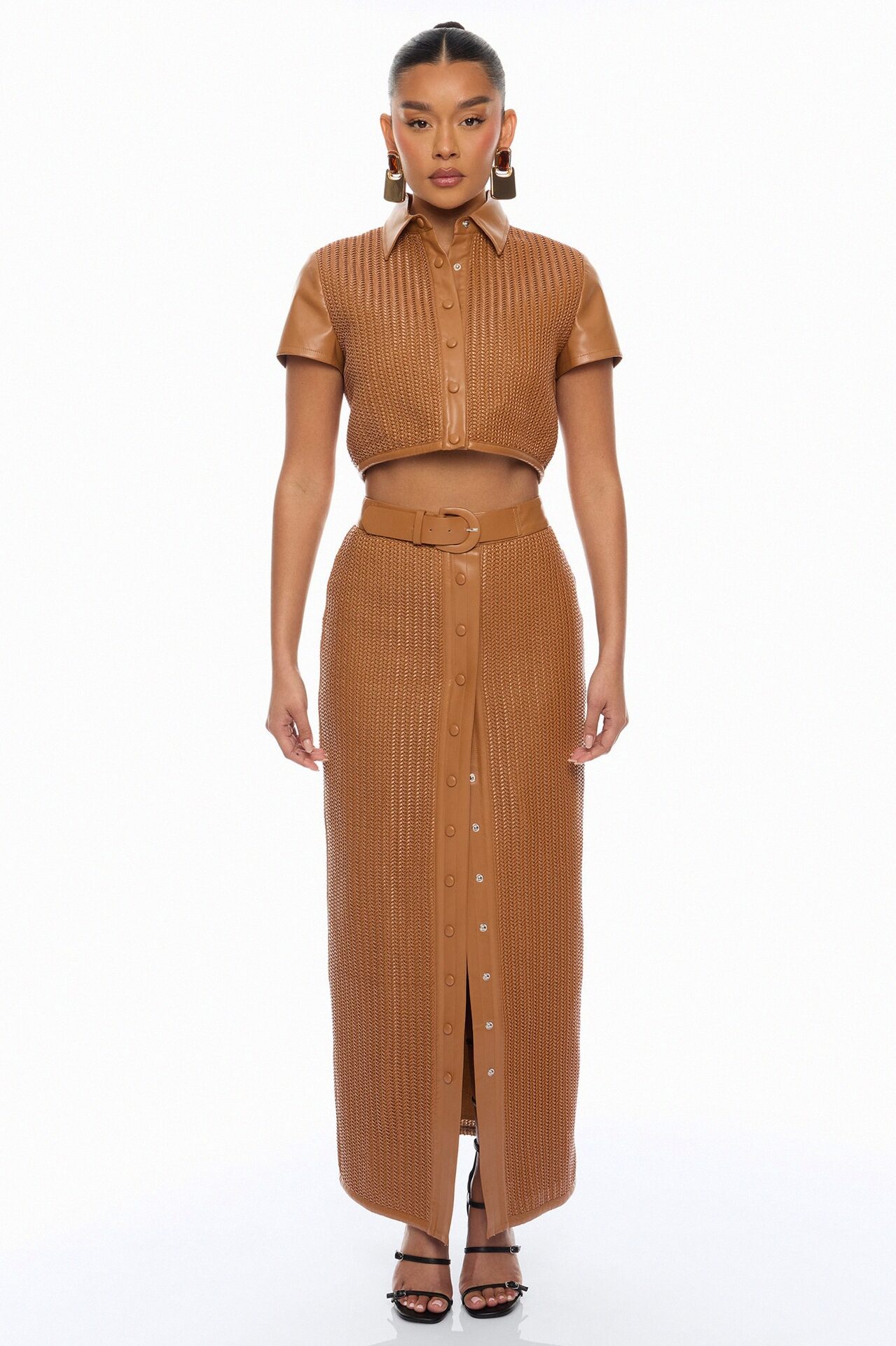 Hailey Faux Leather Belted Maxi Skirt - Cognac