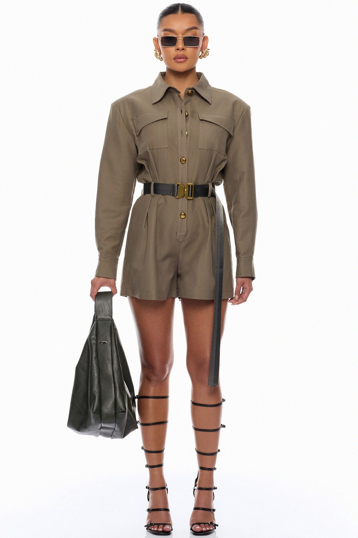 Morgan Cargo Belted Romper - Olive
