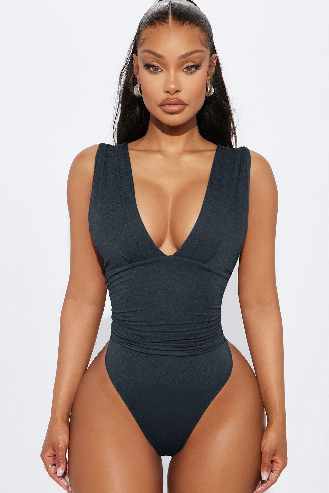 Cabana Girl Ruched V-Neck Bodysuit - Charcoal