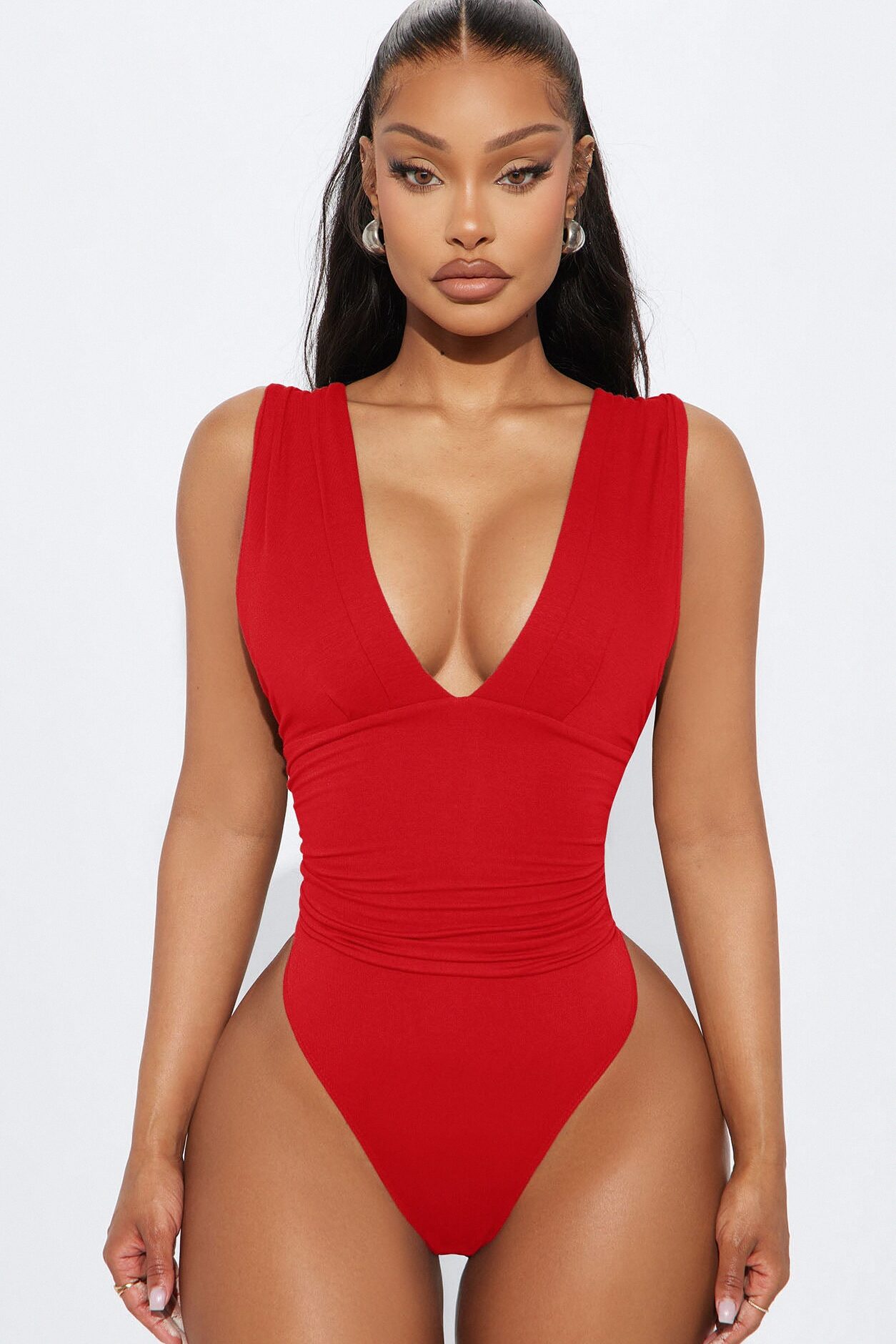 Cabana Girl Ruched V-Neck Bodysuit - Red