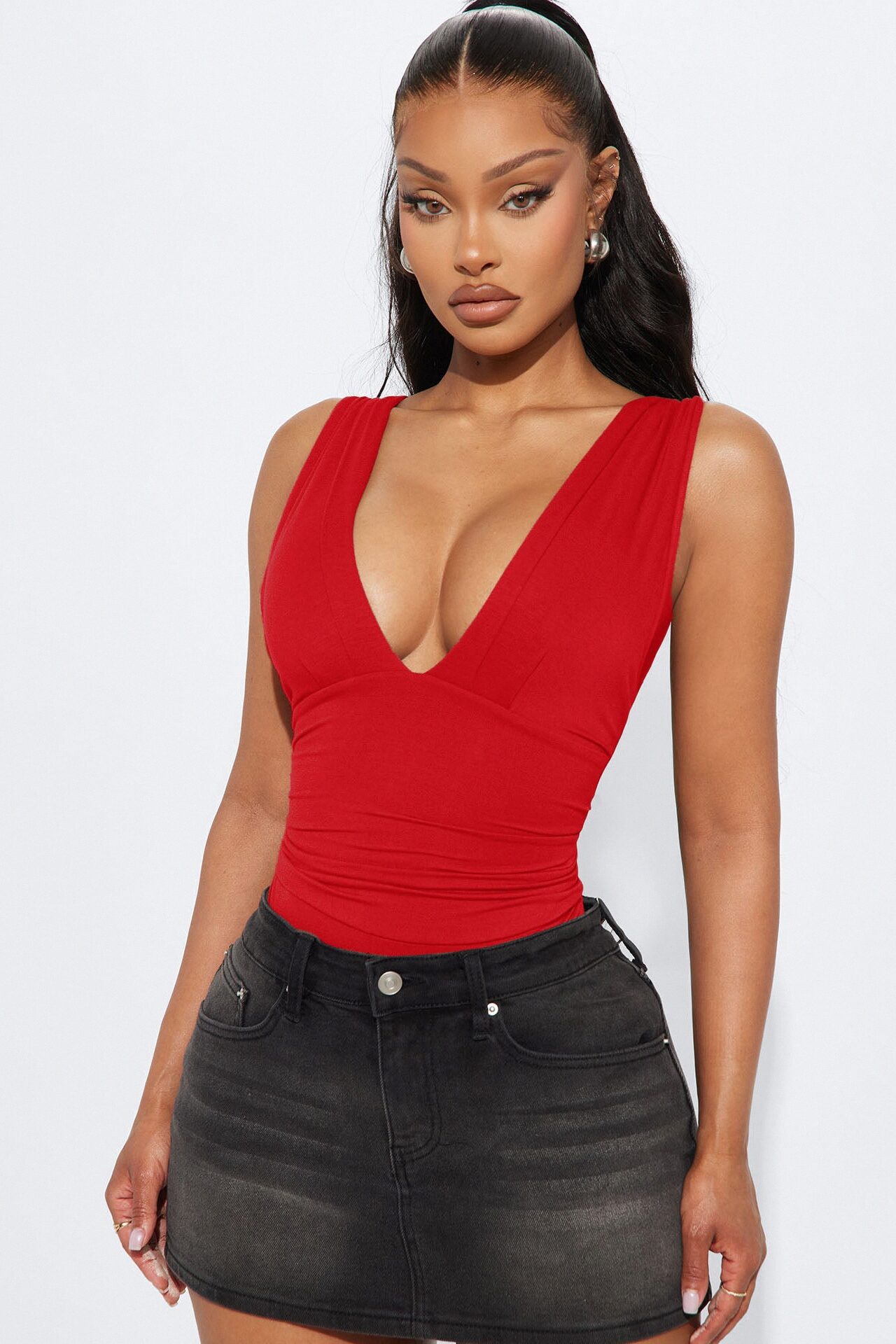 Cabana Girl Ruched V-Neck Bodysuit - Red
