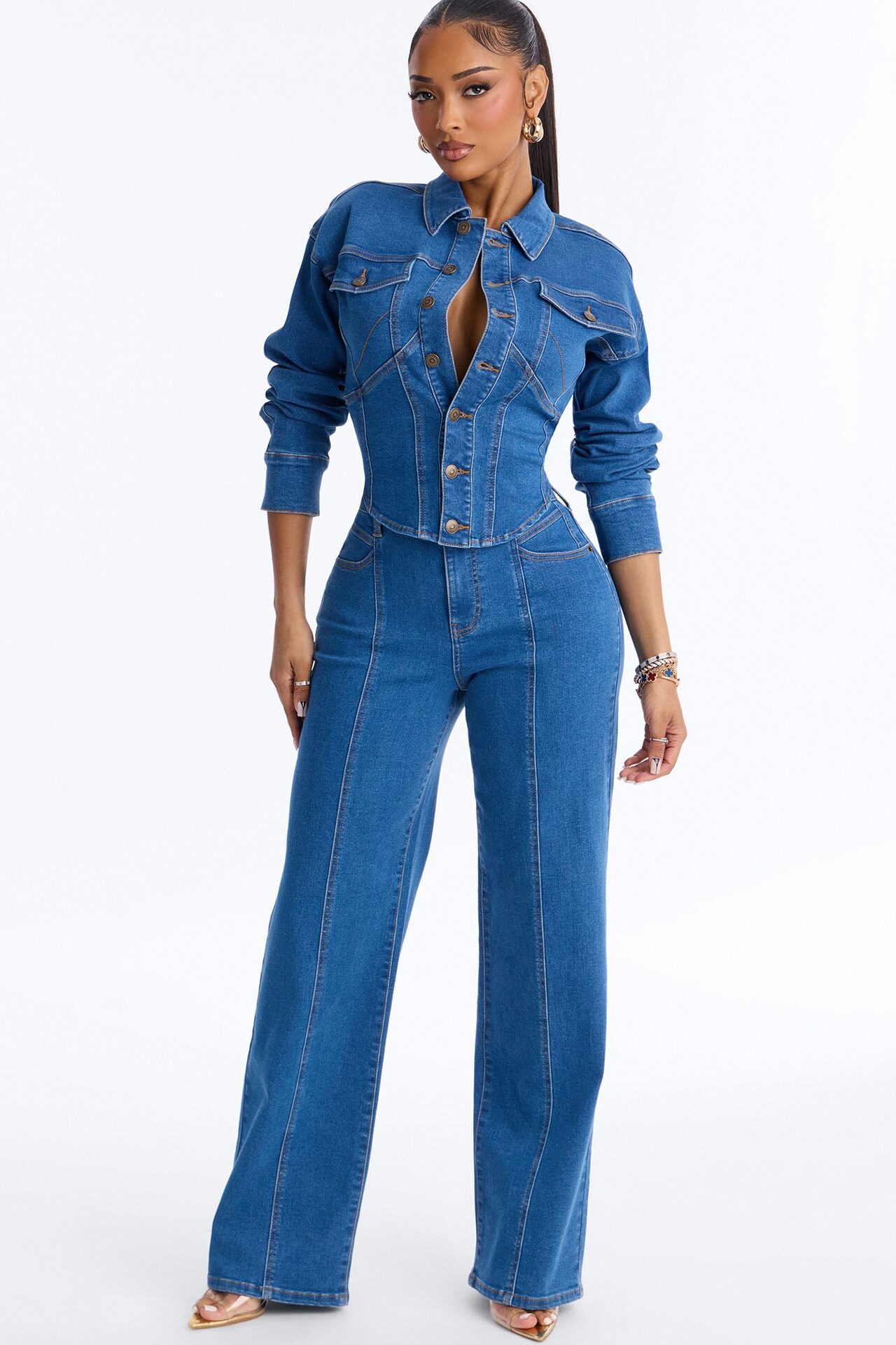Nessa Denim Pant Set - Medium Wash