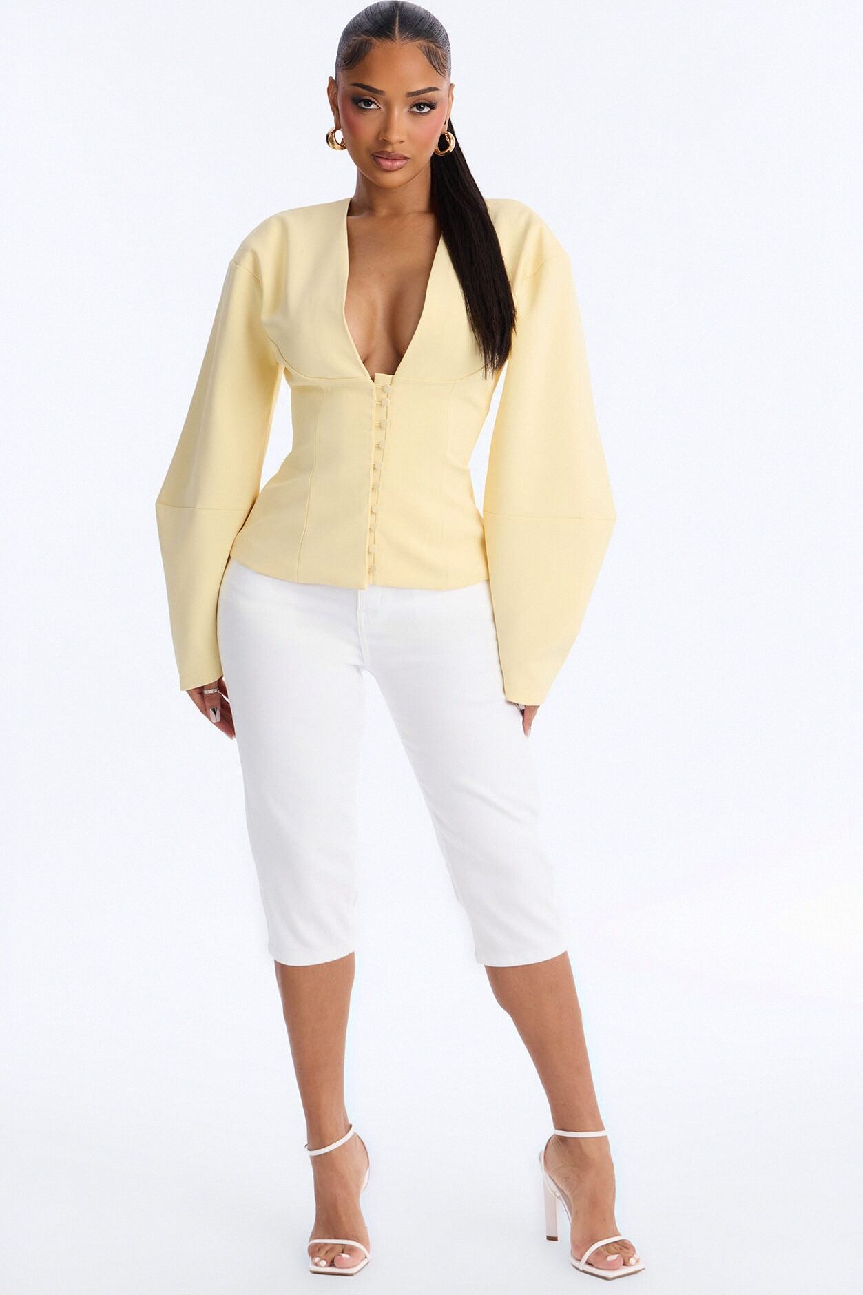 Off Duty Boss Puff Sleeve Button Front Blouse - Butter Yellow
