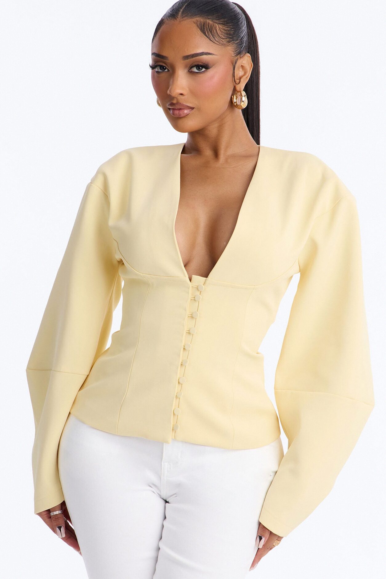 Off Duty Boss Puff Sleeve Button Front Blouse - Butter Yellow