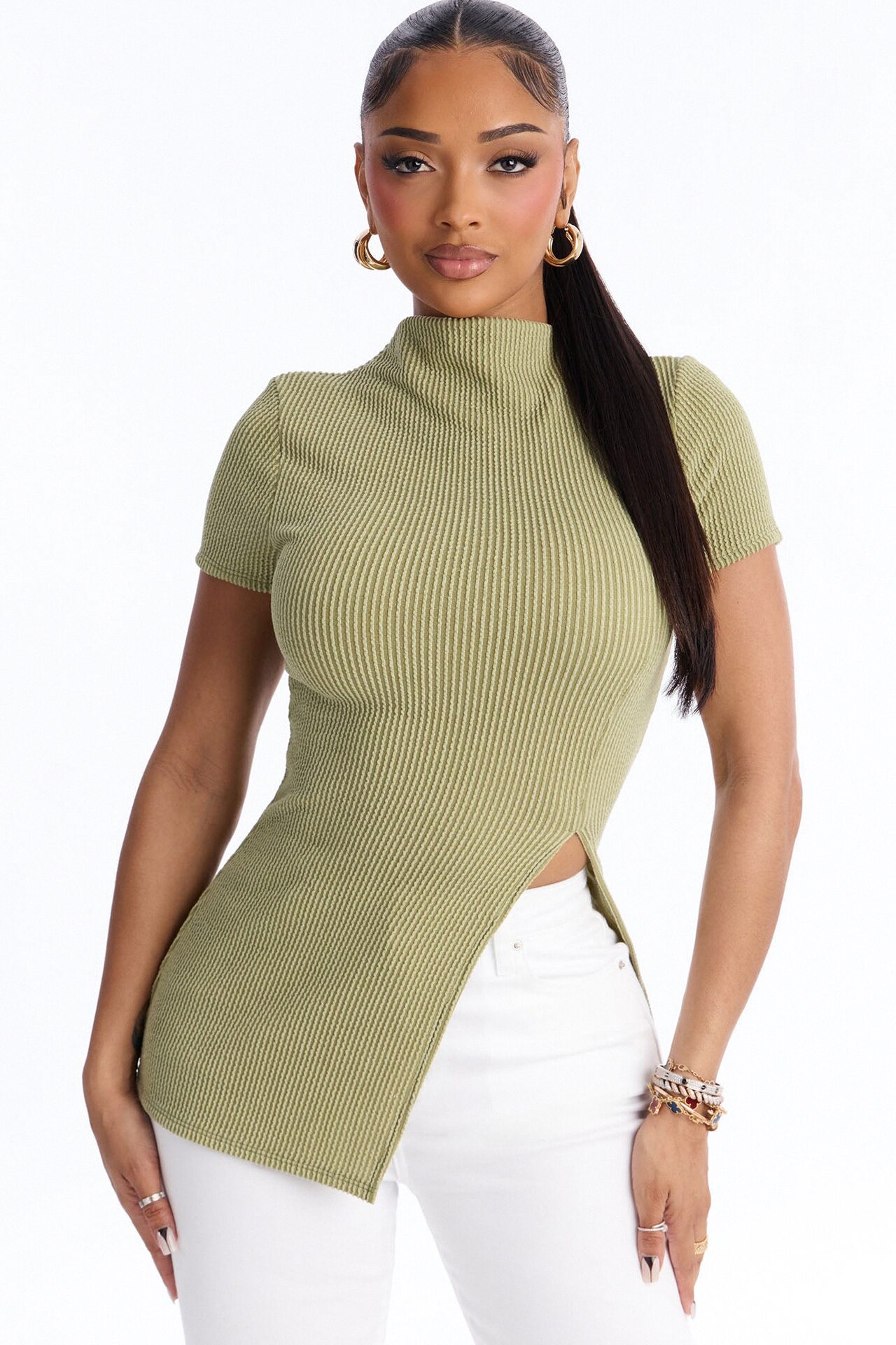 Ika Mock Neck Heavy Ribbed Short Sleeve Top - Chartreuse