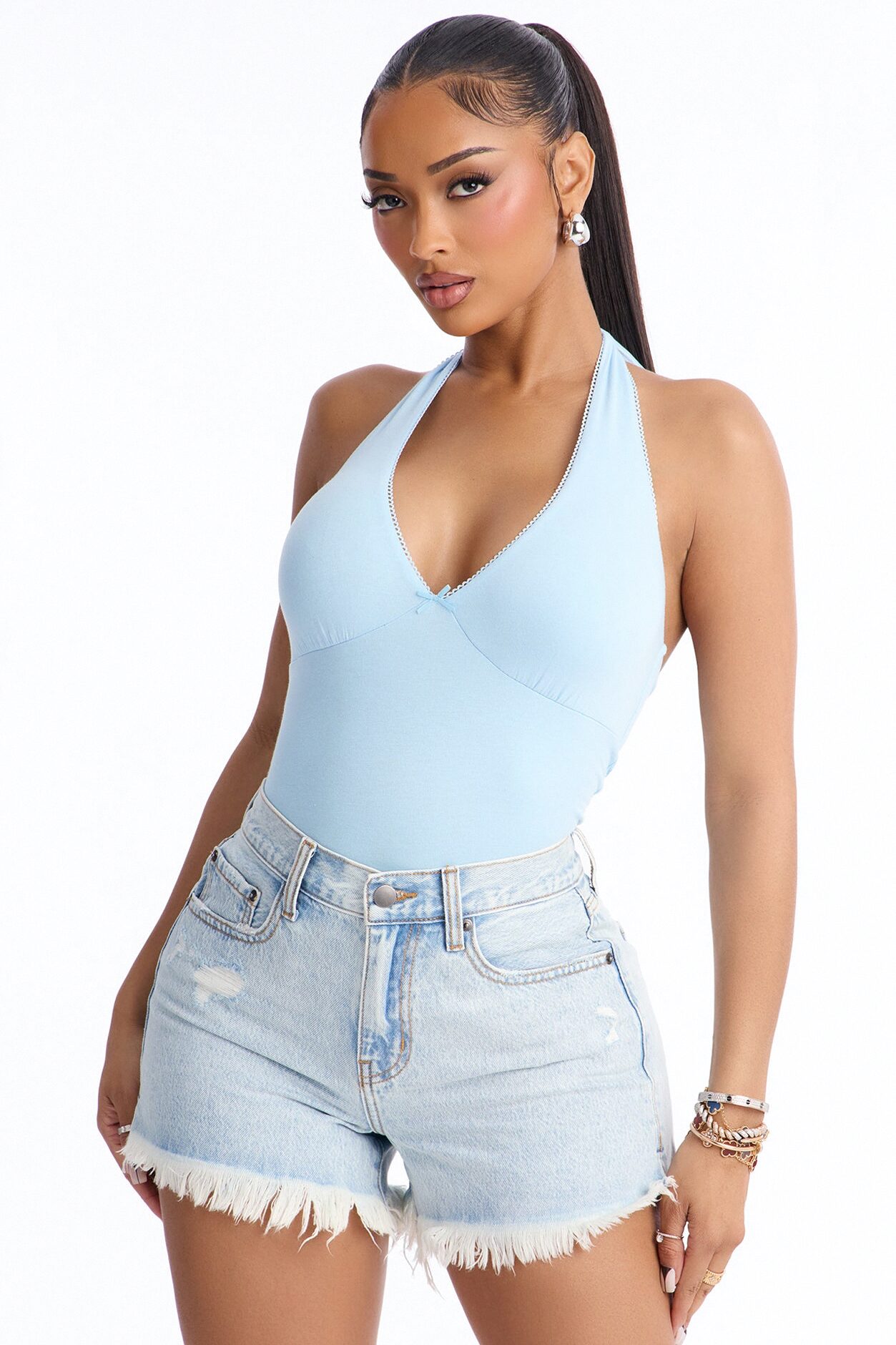 Gigi Double Lined V Neck Halter Top - Blue