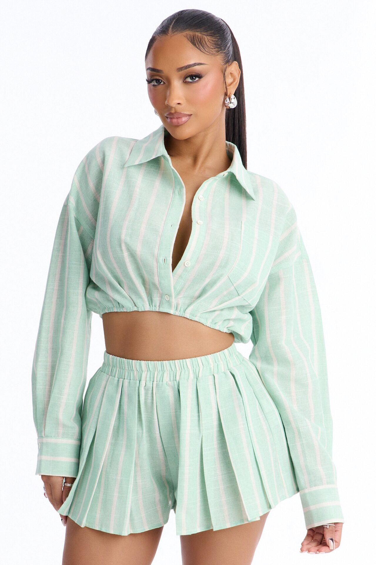 Morelia Linen Stripe Short Set - Mint