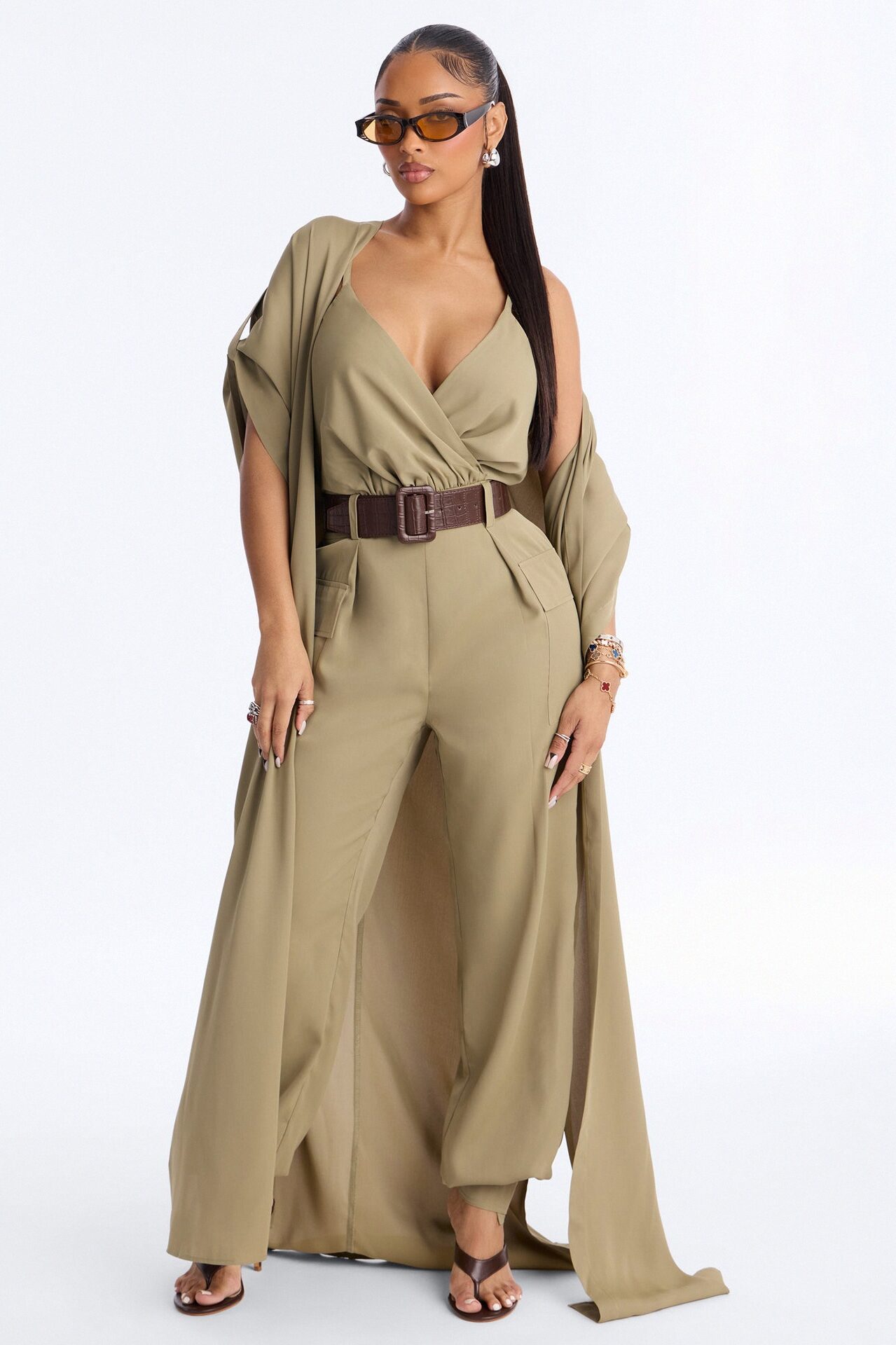 Gemma Jumpsuit And Long Jacket 2 Piece Set - Olive