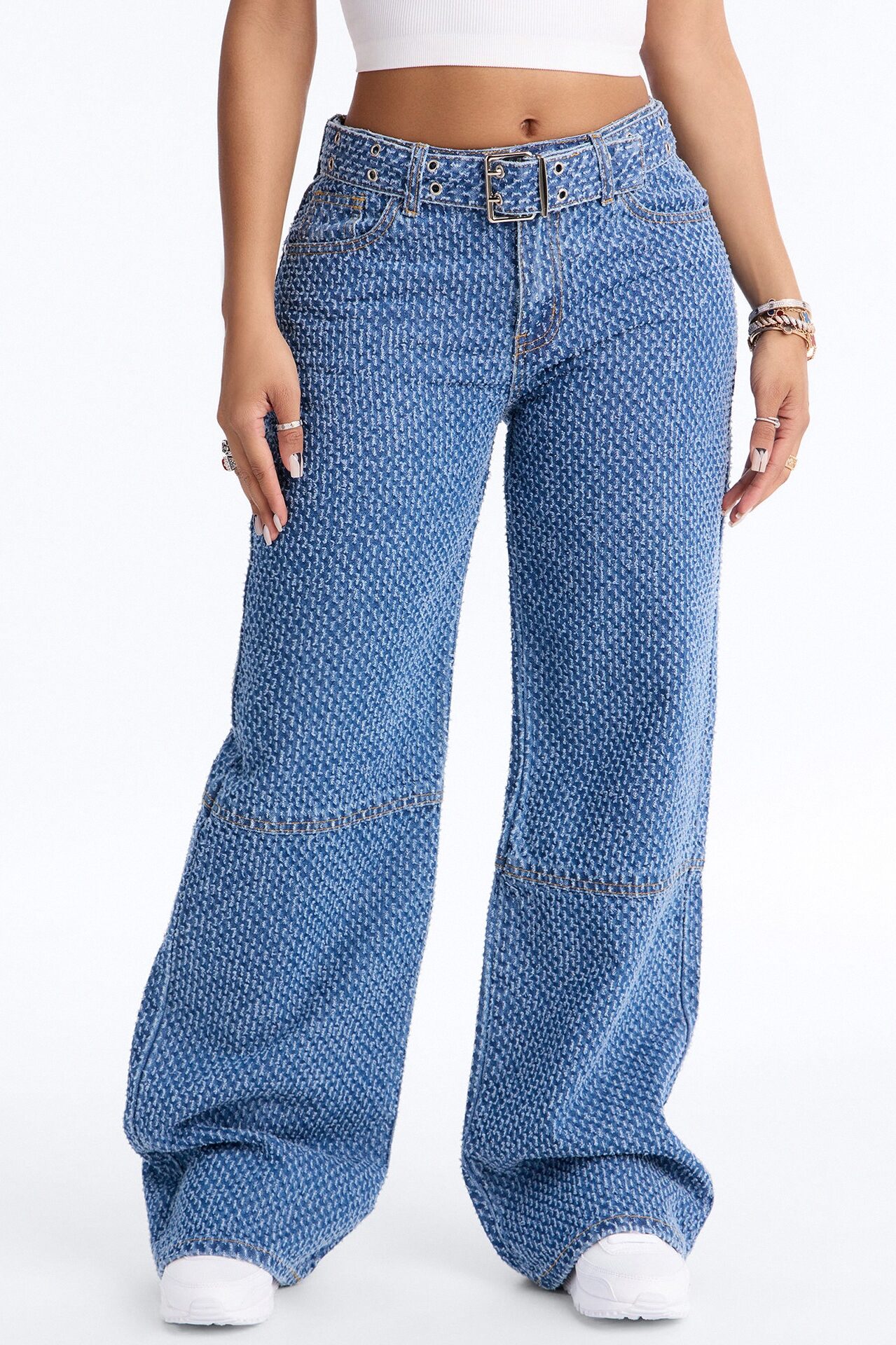 Shake It Up Belted Jacquard Straight Leg Jeans - Medium Wash
