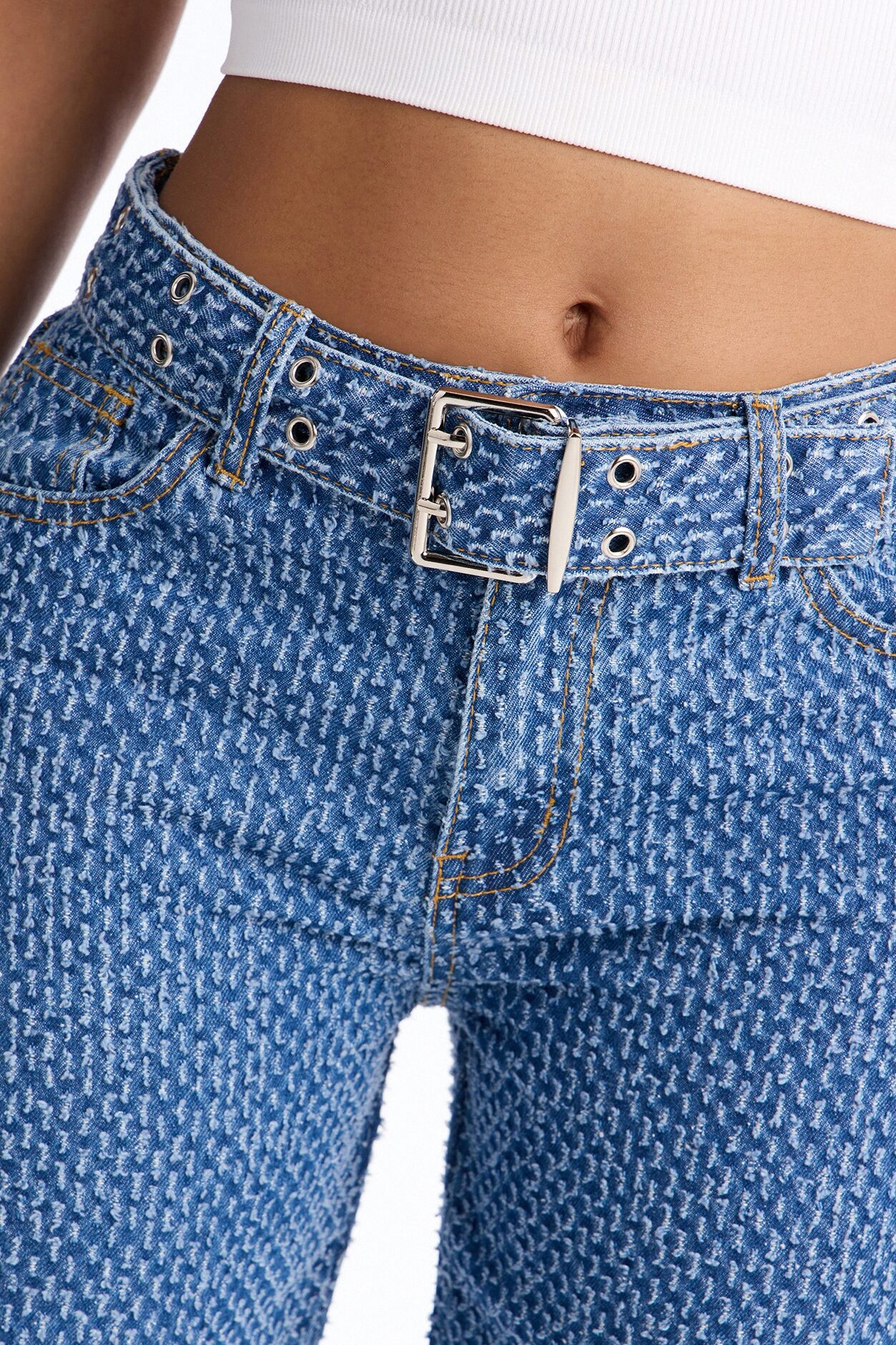 Shake It Up Belted Jacquard Straight Leg Jeans - Medium Wash