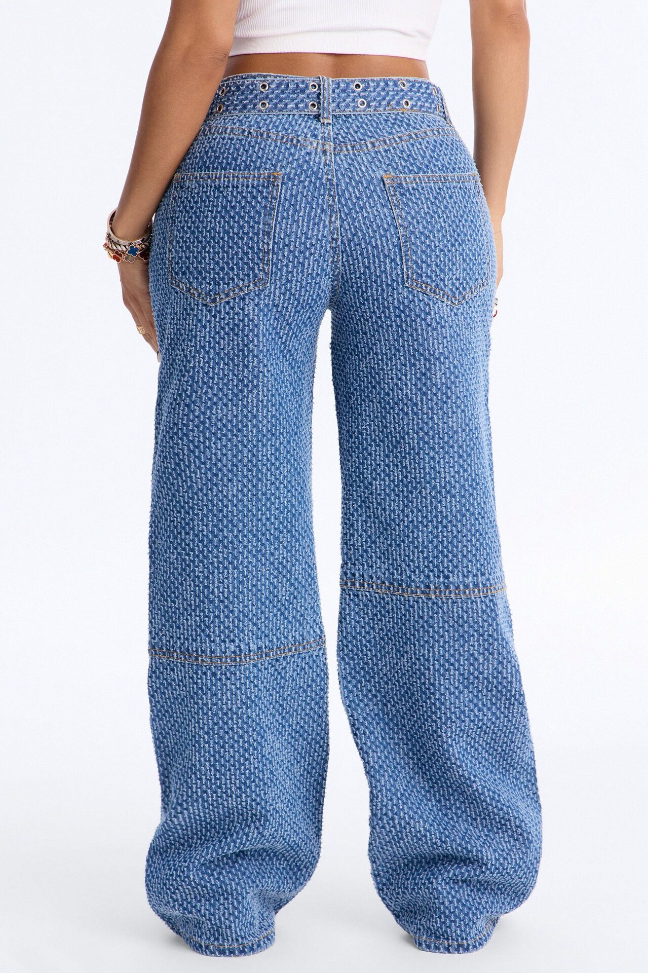Shake It Up Belted Jacquard Straight Leg Jeans - Medium Wash