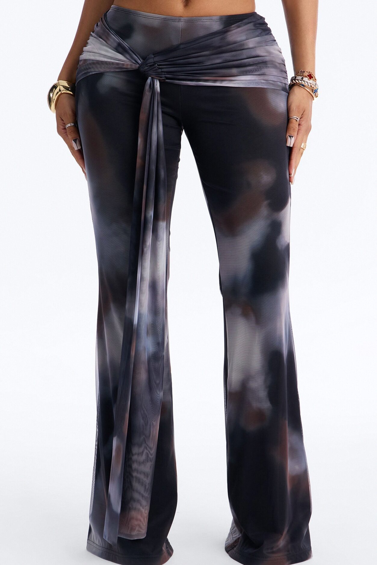 Keisha Wrap Waist Mesh Flare Pant - Grey/combo