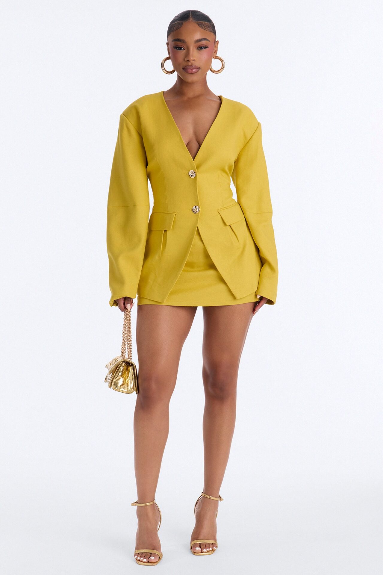 No More Questions Twill Blazer Skort Set - Yellow